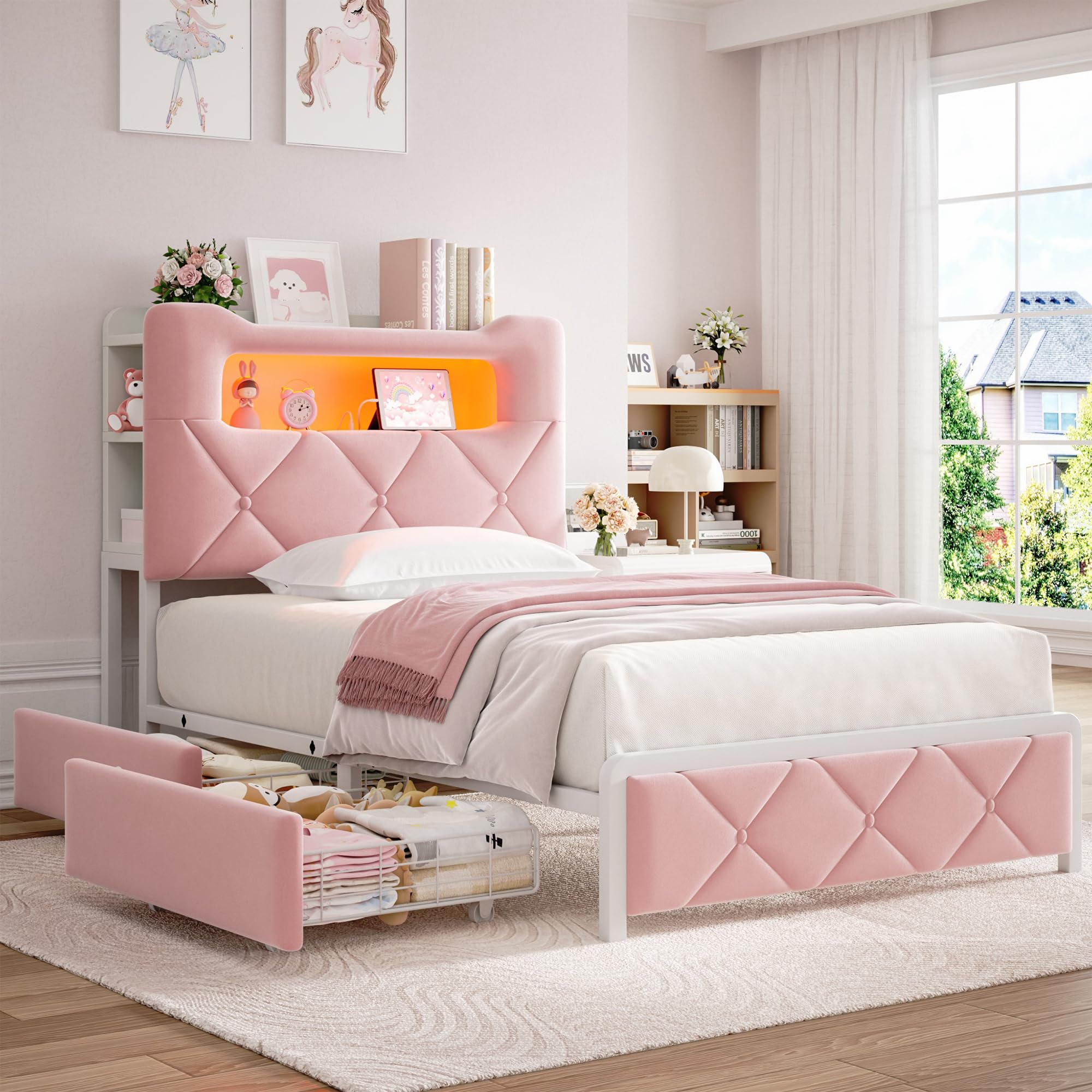 Twin Princess Storage Bed with LED Headboard - Pink