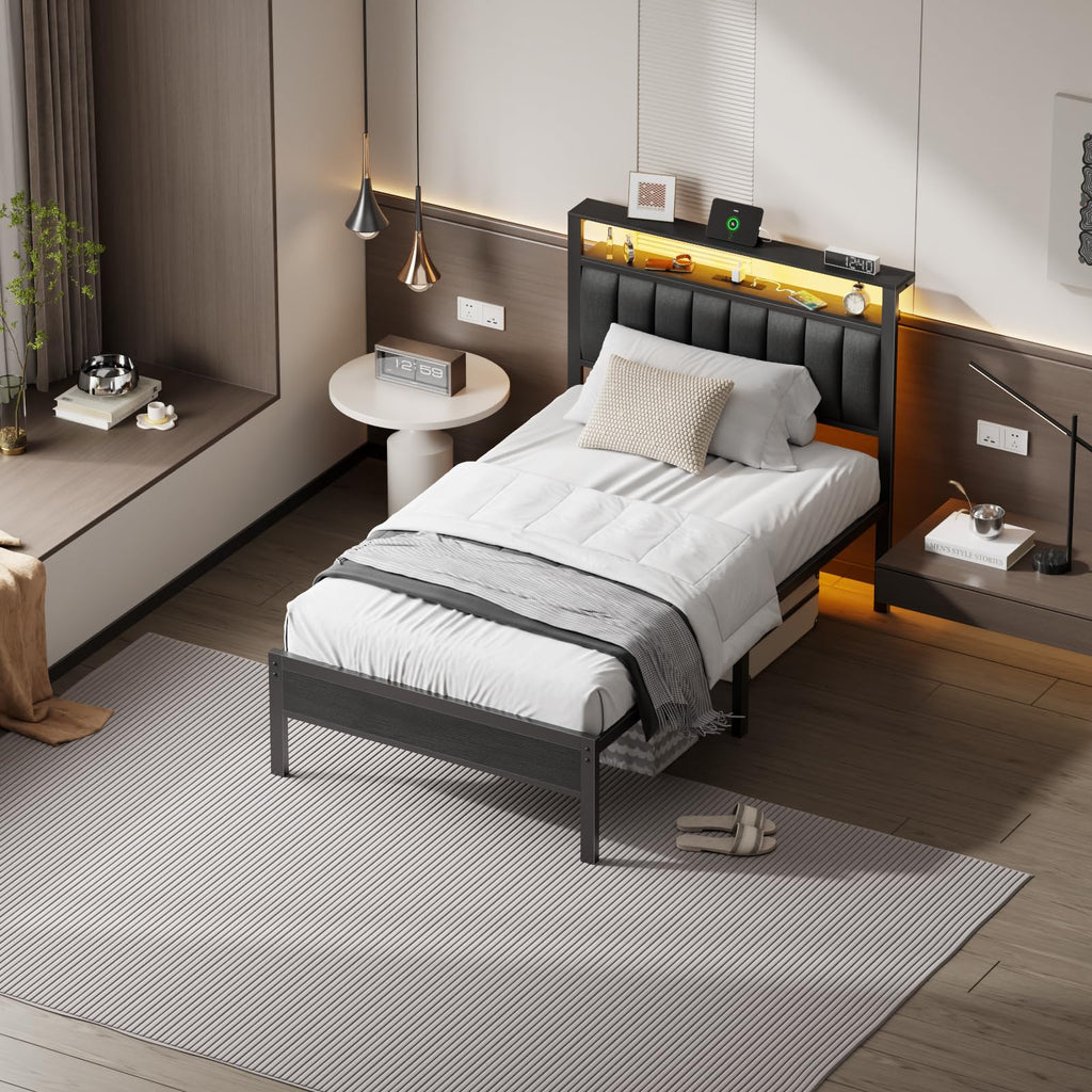 Twin Platform Bed with LED Lights & Charging Station