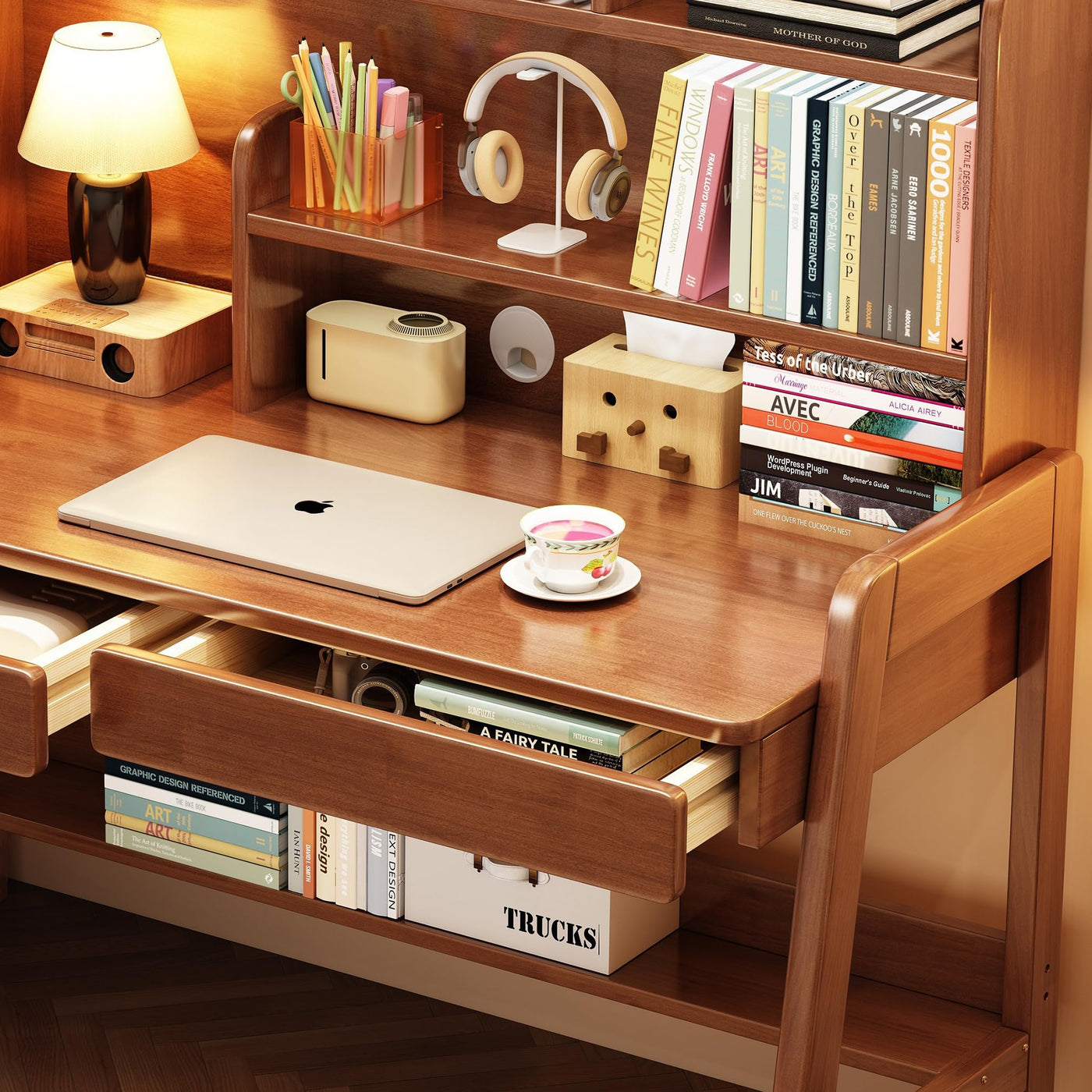 Kids Study Desk with Bookshelf & Drawers - Brown