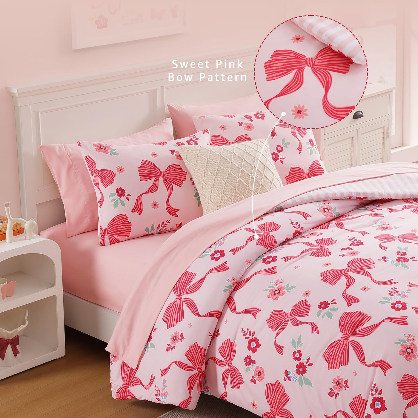 Twin XL Comforter Set - Pink Bow (5-Piece)