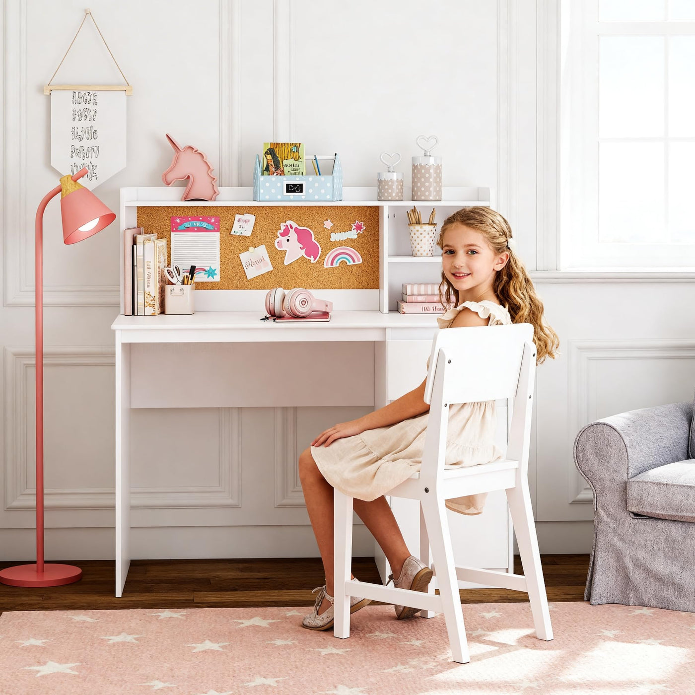 Kids Study Desk & Chair Set with Hutch