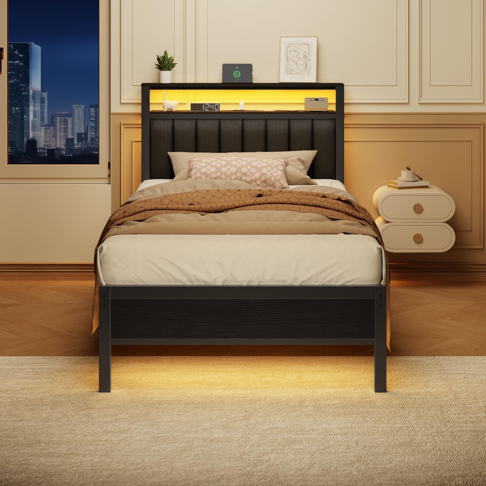 Twin Platform Bed with LED Lights & Charging Station