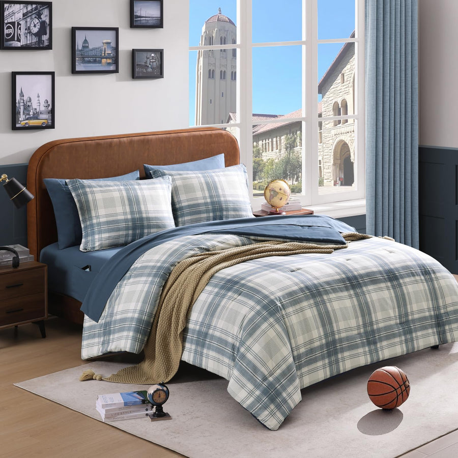 Full Comforter Set - Blue Grey Plaid (7-Piece)
