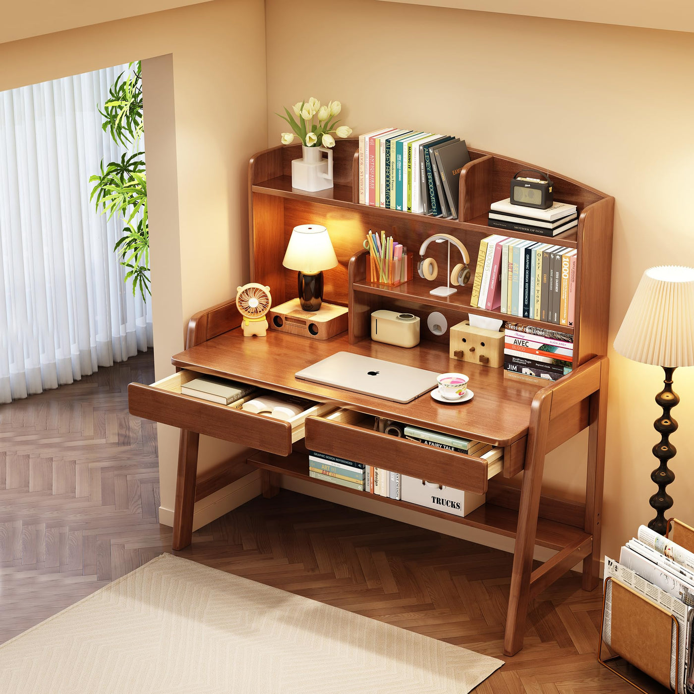 Kids Study Desk with Bookshelf & Drawers - Brown