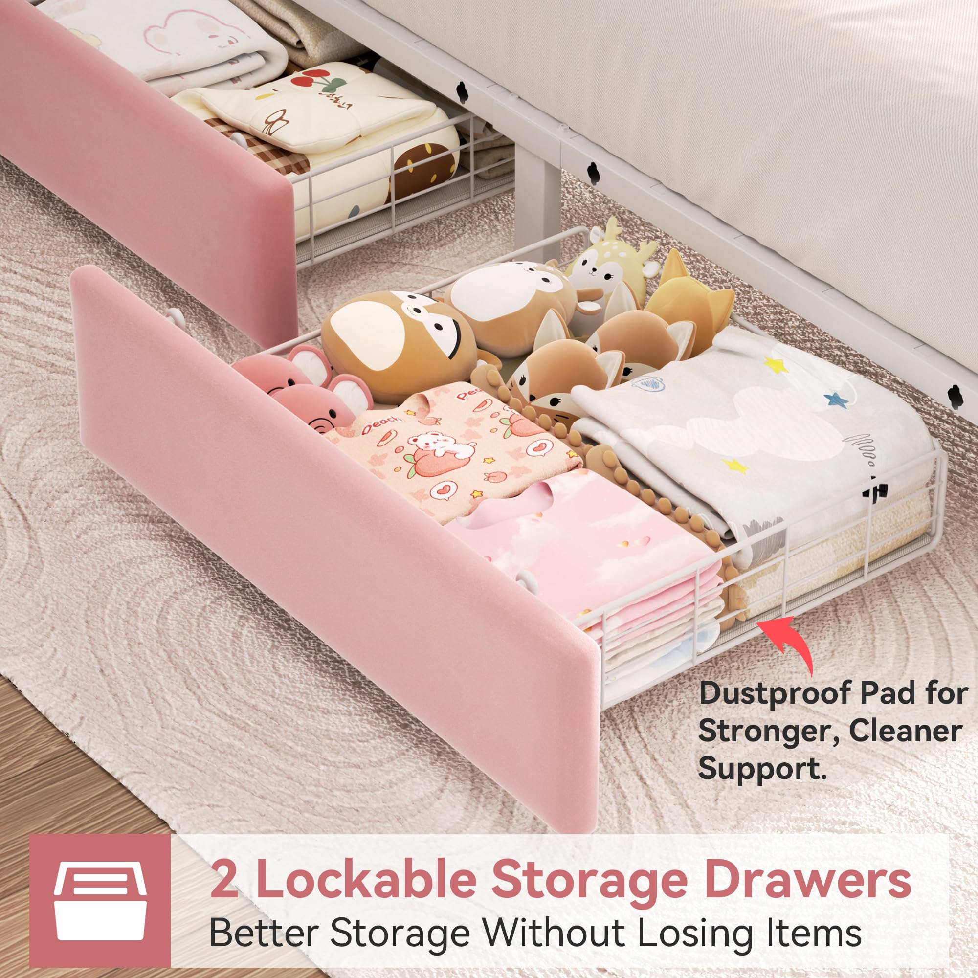 Twin Princess Storage Bed with LED Headboard - Pink