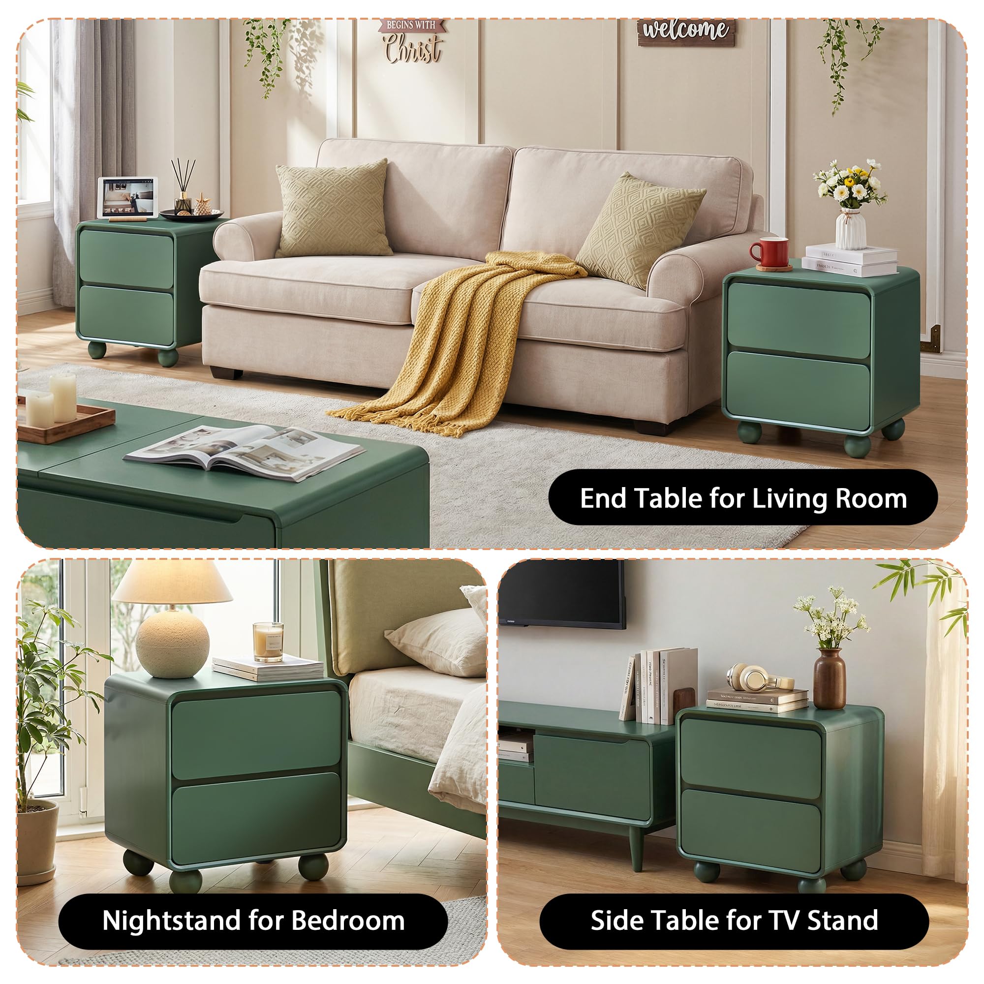 Mid-Century 2-Drawer Nightstand Set - Green