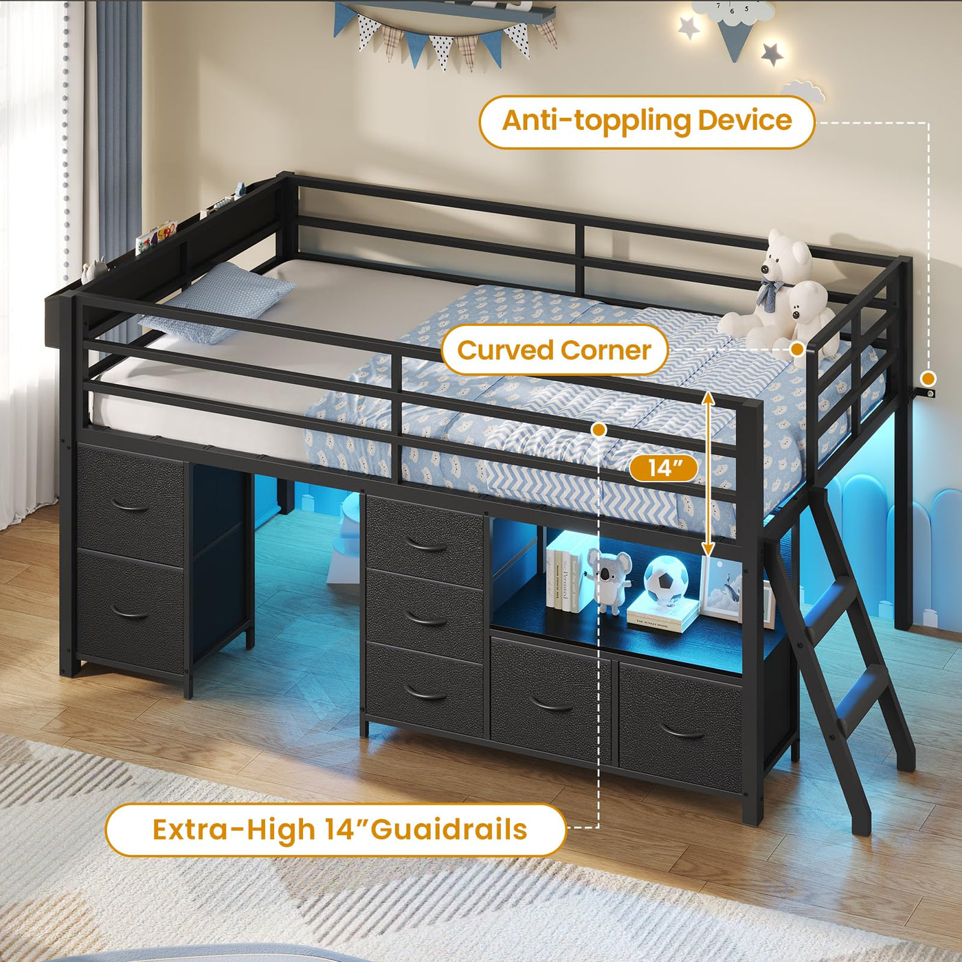 Twin Low Loft Bed with Storage & LED Lights