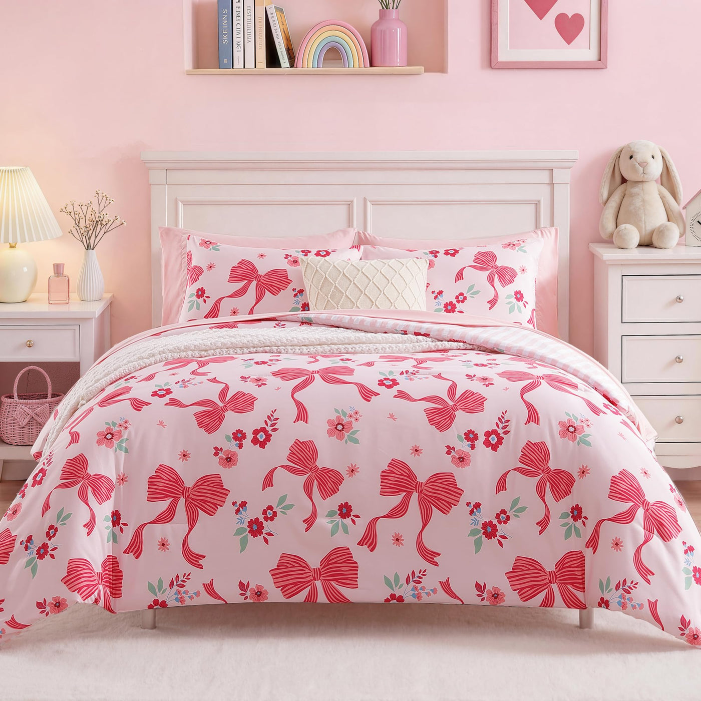 Twin XL Comforter Set - Pink Bow (5-Piece)