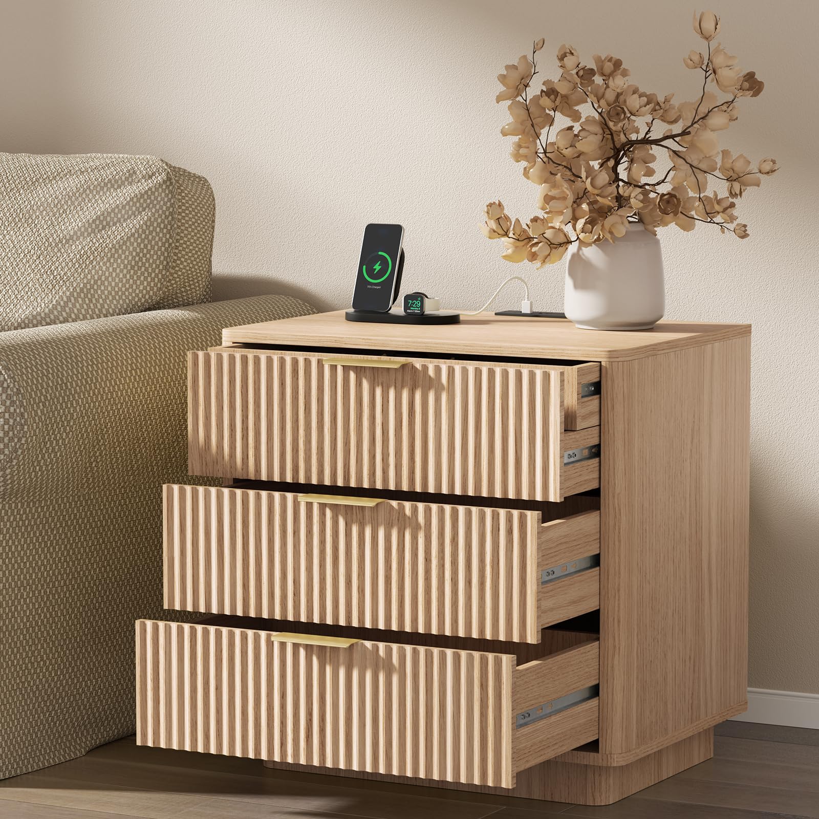 Fluted Nightstand Set with Charging Station - Natural Oak
