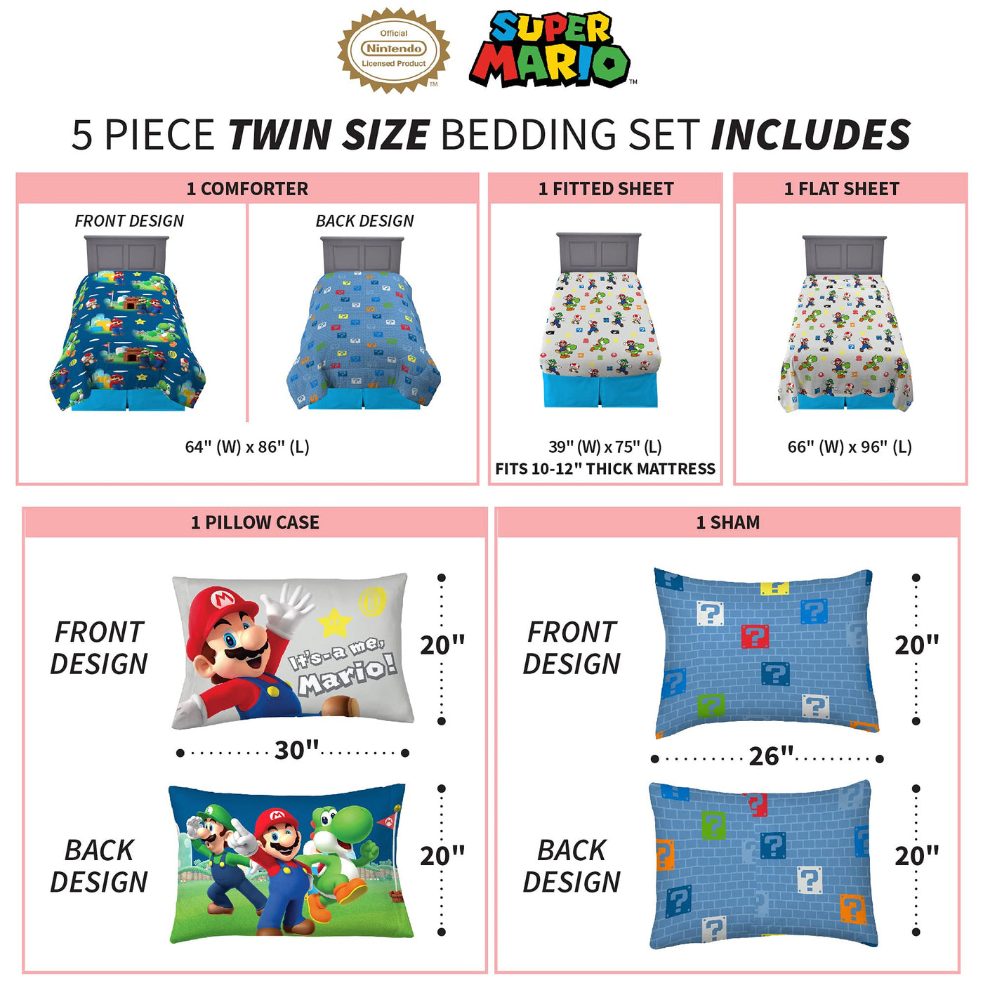 Kids Twin Comforter & Sheet Set - Mario Theme