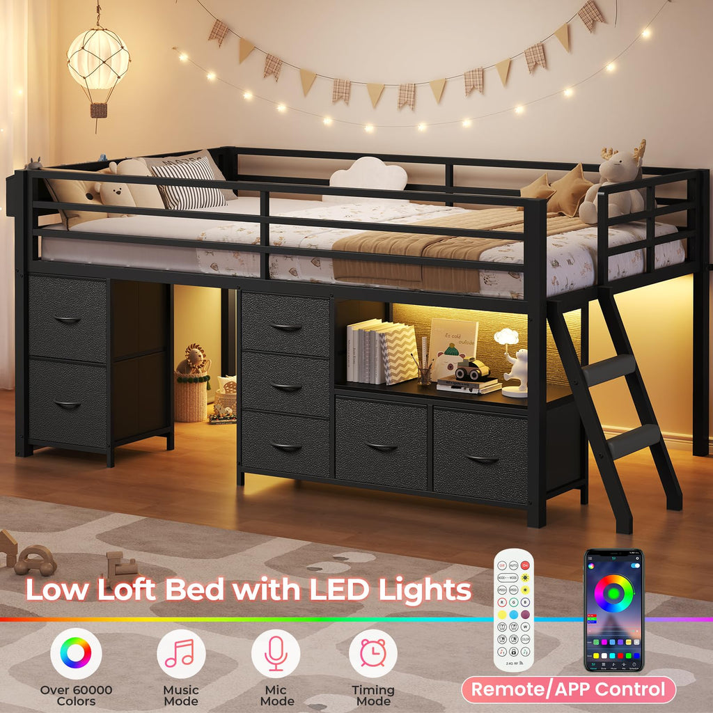 Twin Low Loft Bed with Storage & LED Lights