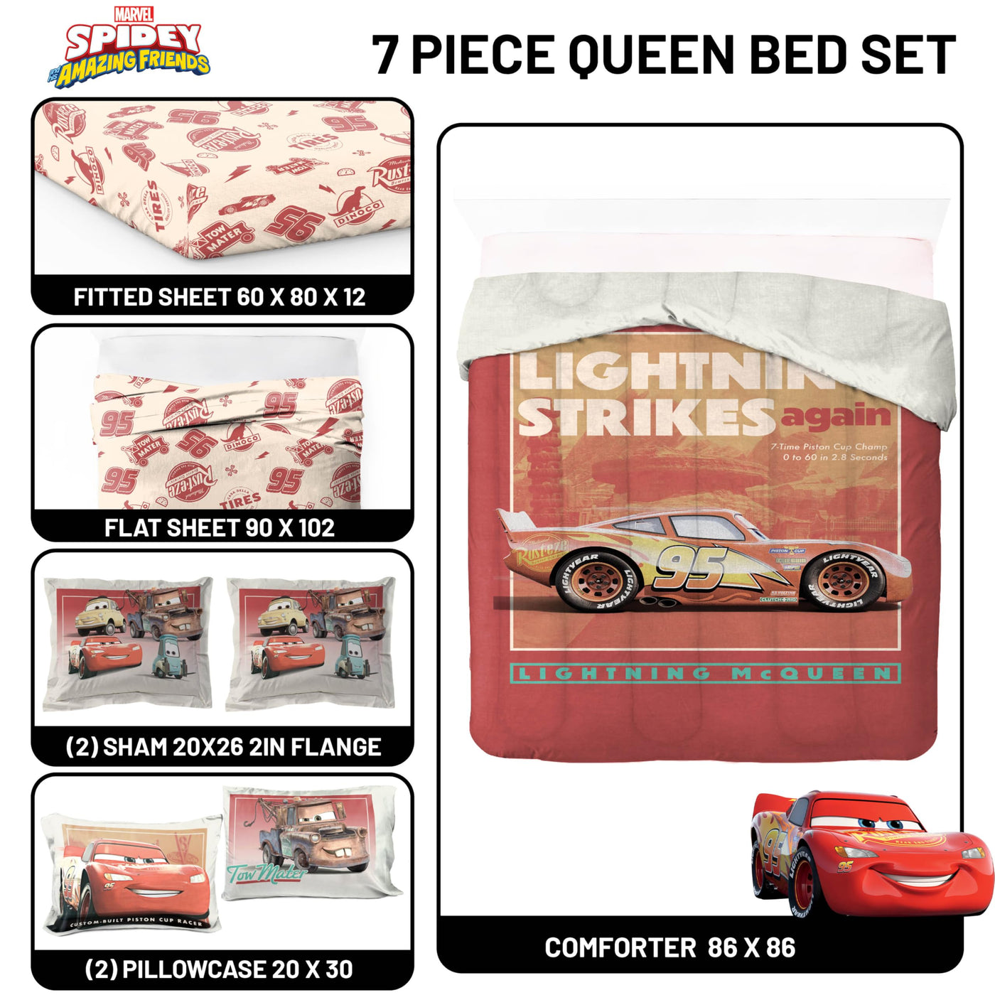 Queen Bedding Set - Cars Theme (7-Piece)