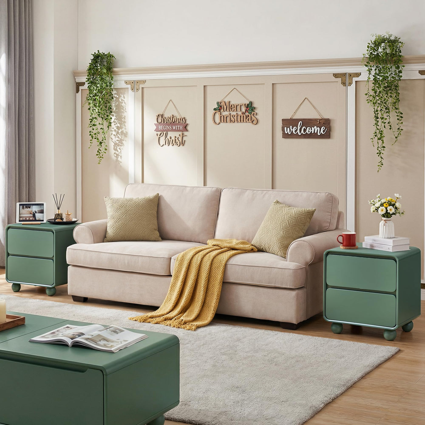 Mid-Century 2-Drawer Nightstand Set - Green