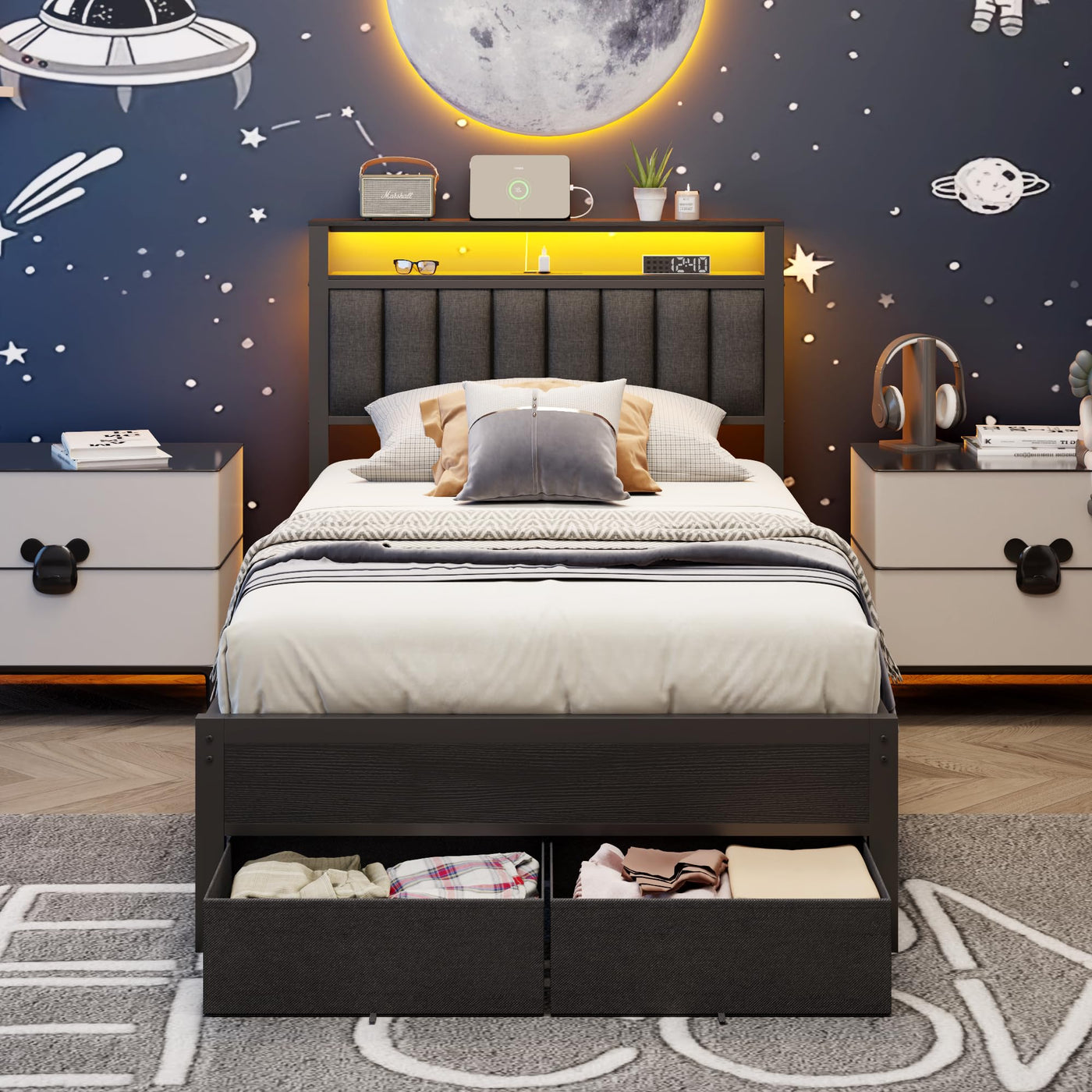 Twin Storage Bed with LED Lights & Charging Station