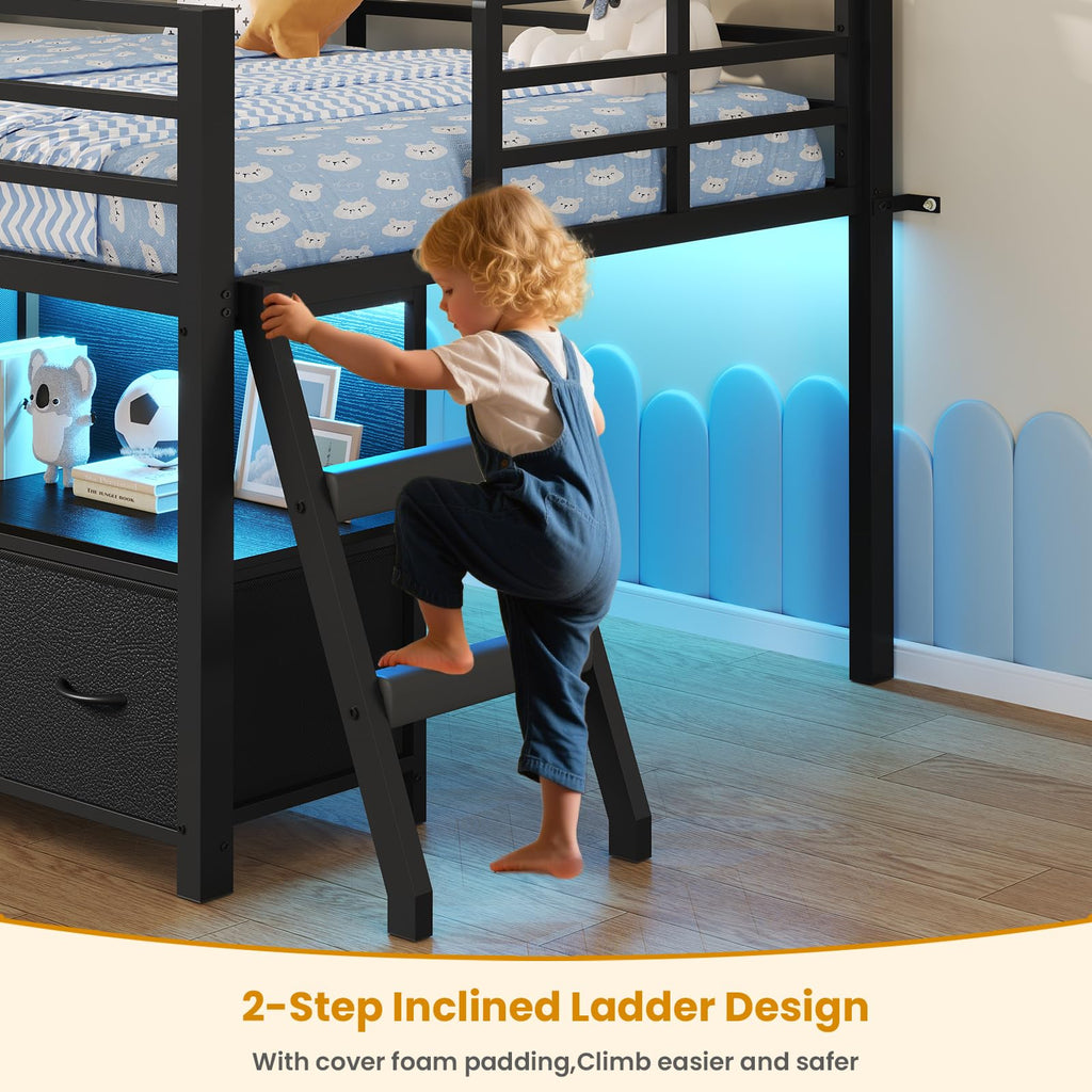 Twin Low Loft Bed with Storage & LED Lights
