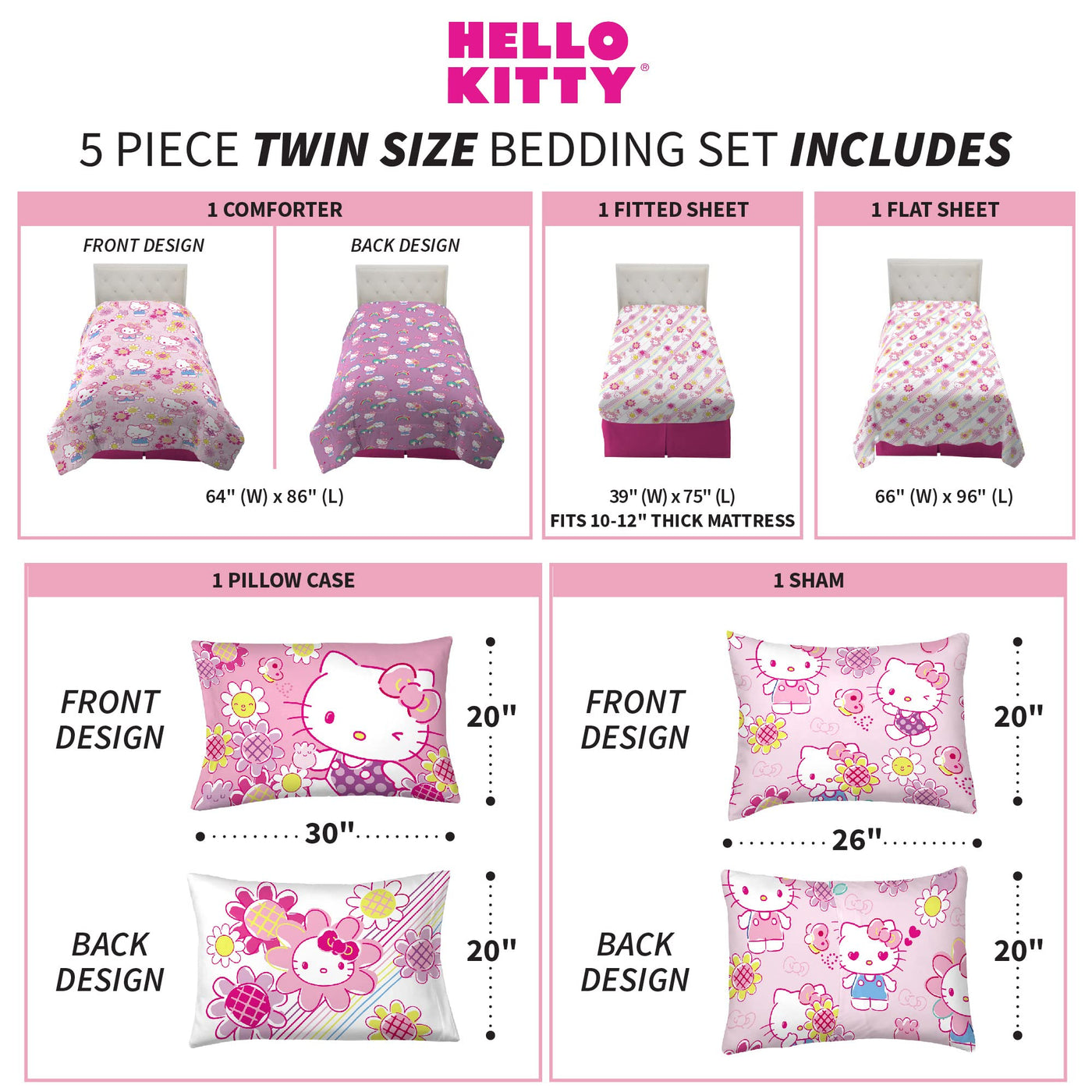 Kids Twin Bedding Set - Hello Kitty Theme (5-Piece)