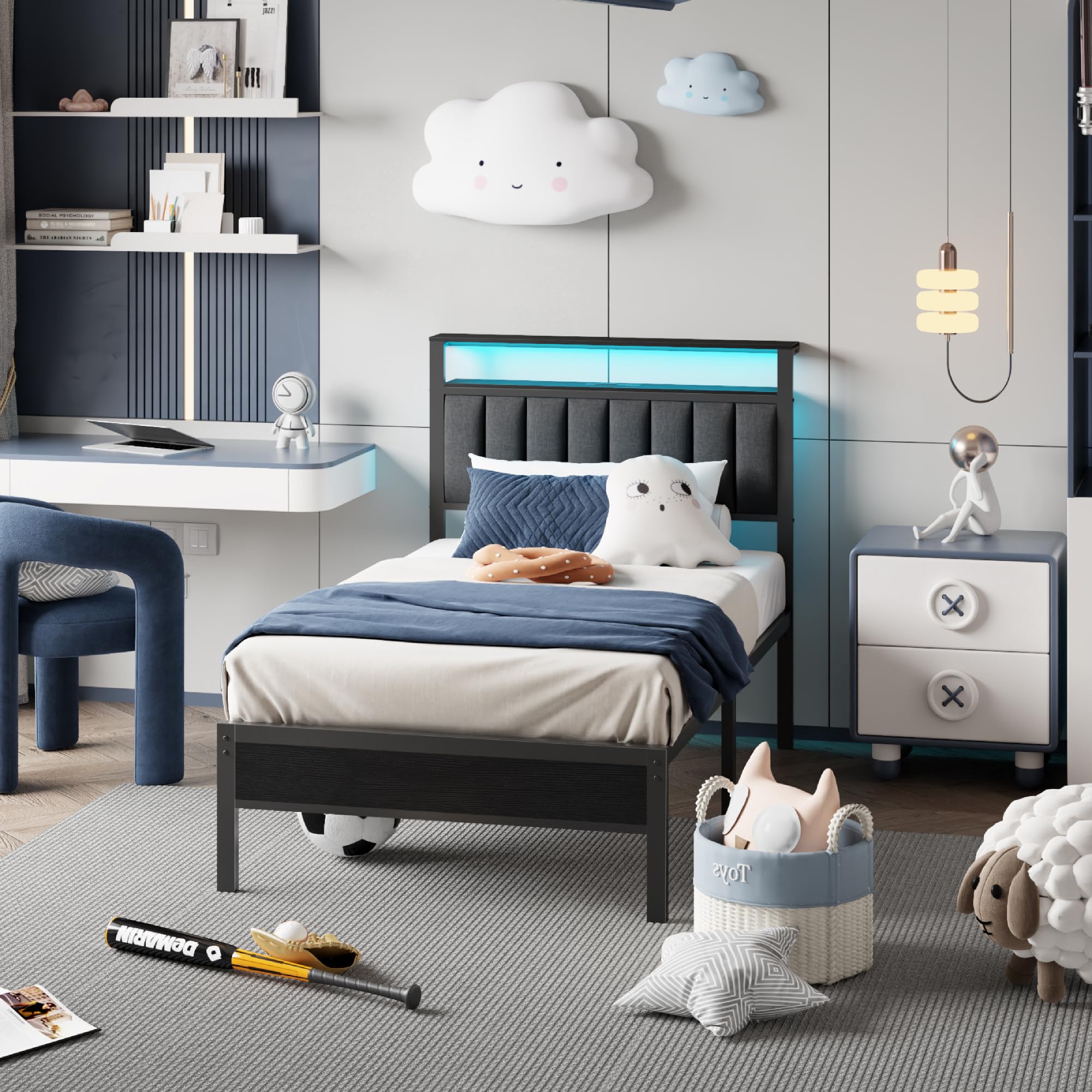 Twin Platform Bed with LED Lights & Charging Station