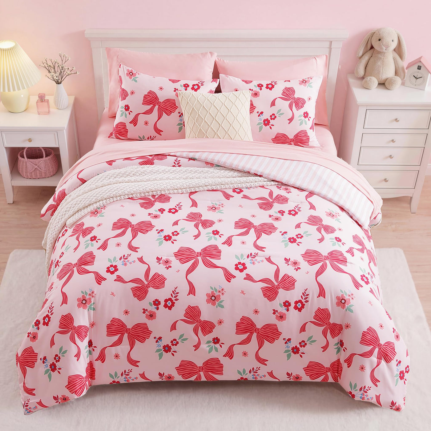 Twin XL Comforter Set - Pink Bow (5-Piece)