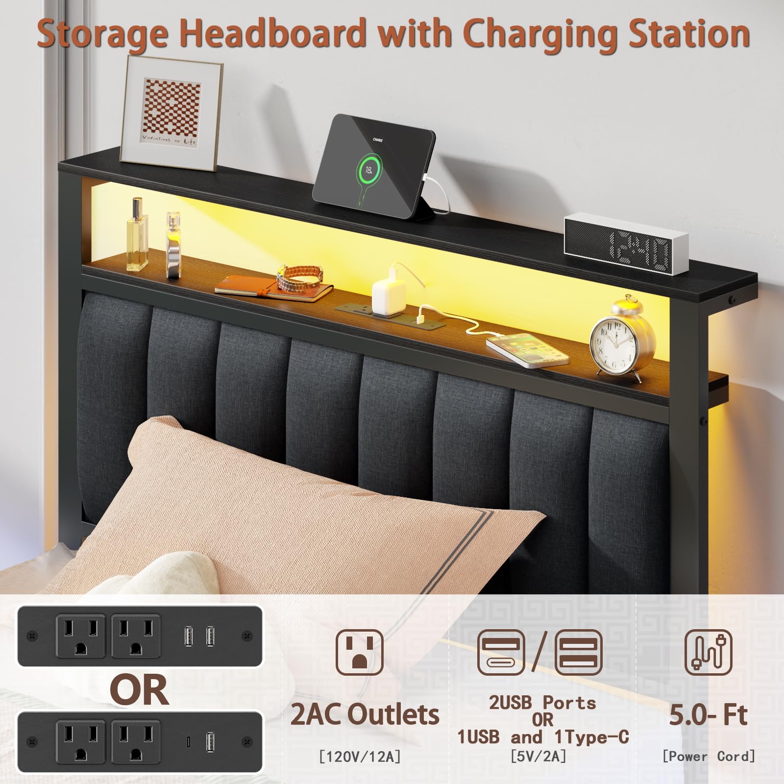 Twin Platform Bed with LED Lights & Charging Station