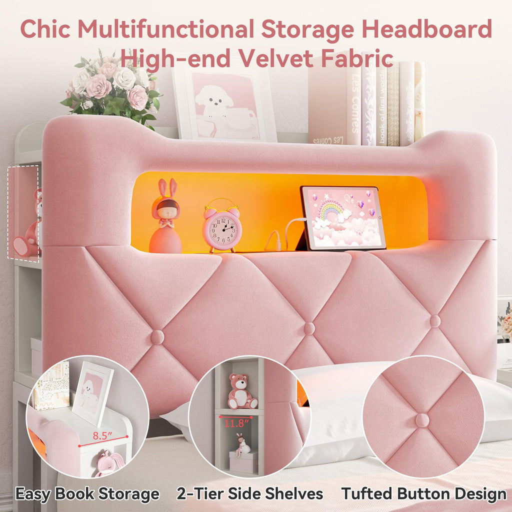 Twin Princess Storage Bed with LED Headboard - Pink