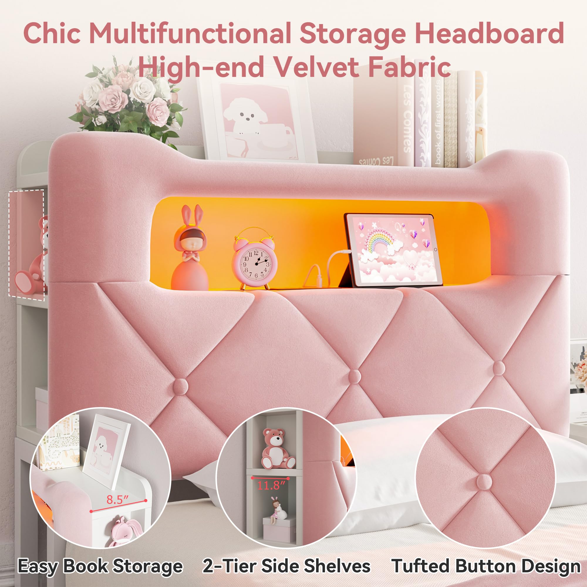 Twin Princess Storage Bed with LED Headboard - Pink