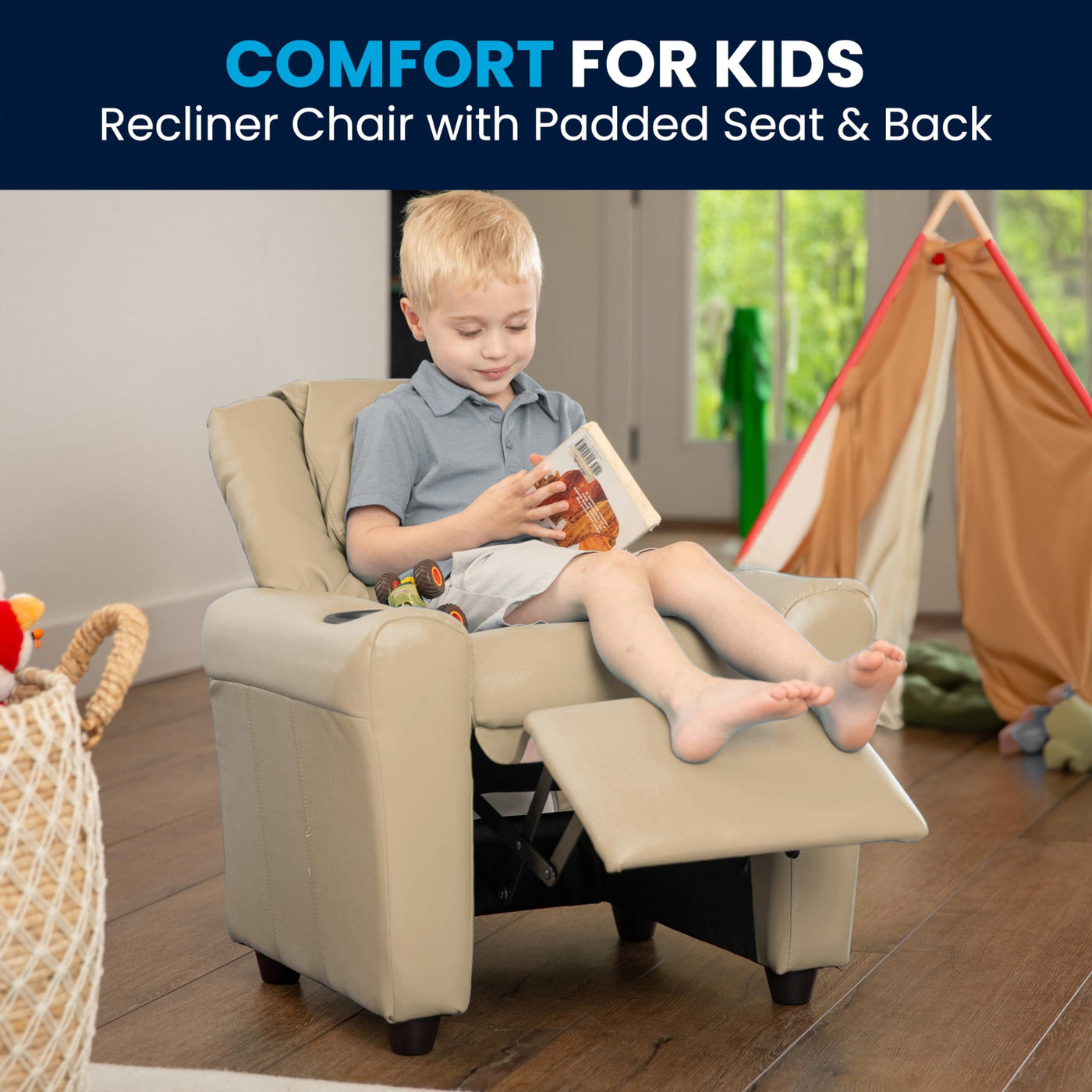 Kids Recliner Chair with Cup Holder - Beige