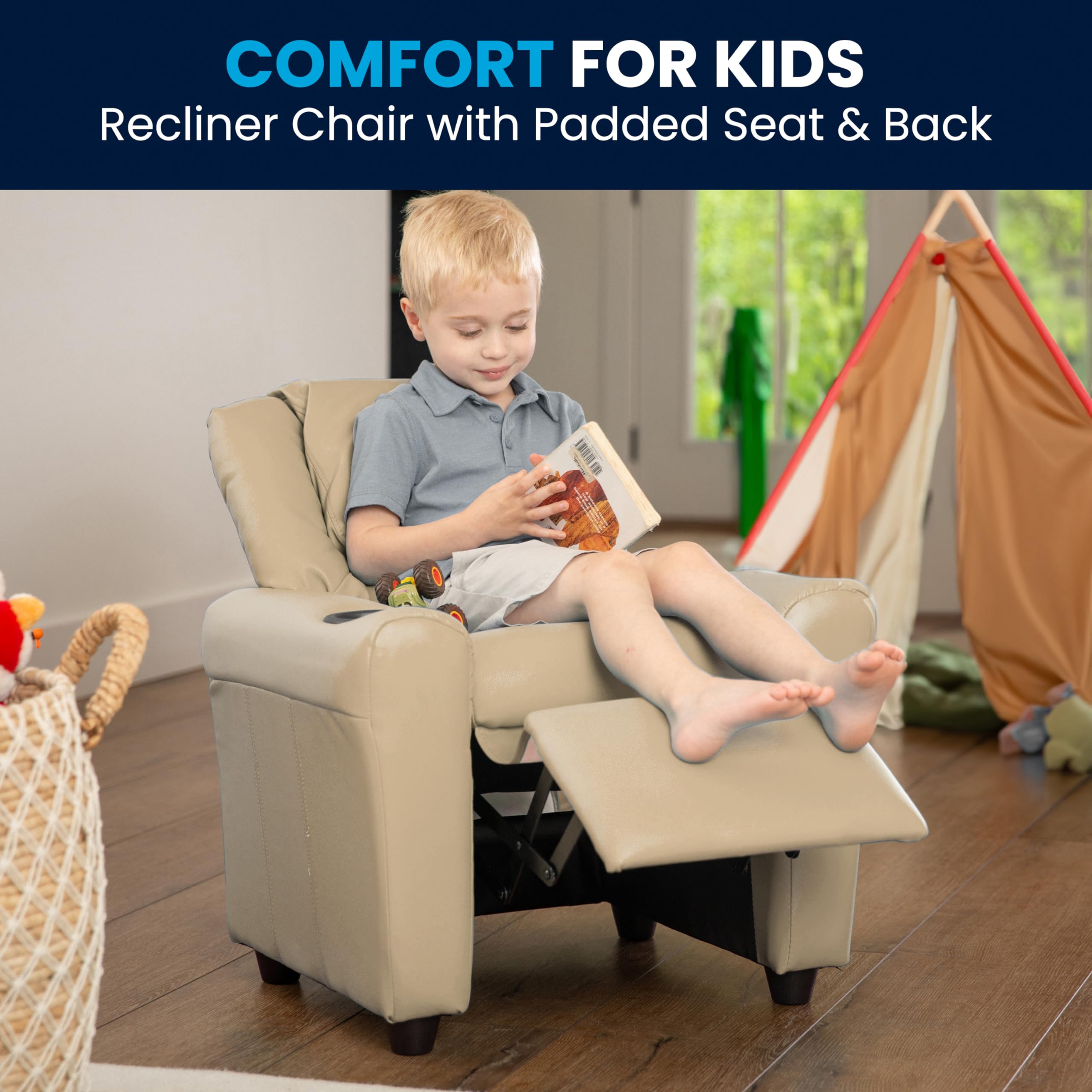 Kids Recliner Chair with Cup Holder - Beige