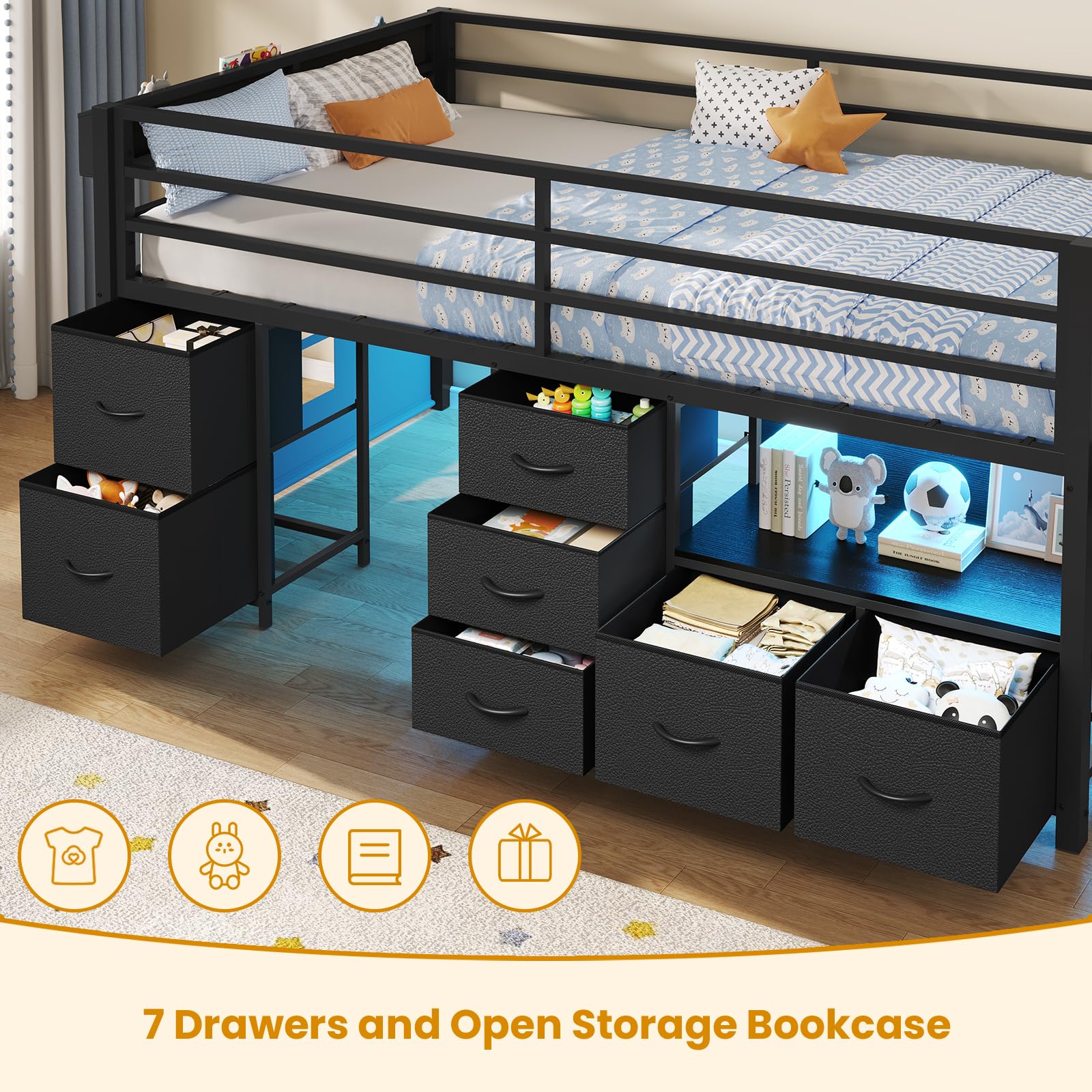 Twin Low Loft Bed with Storage & LED Lights