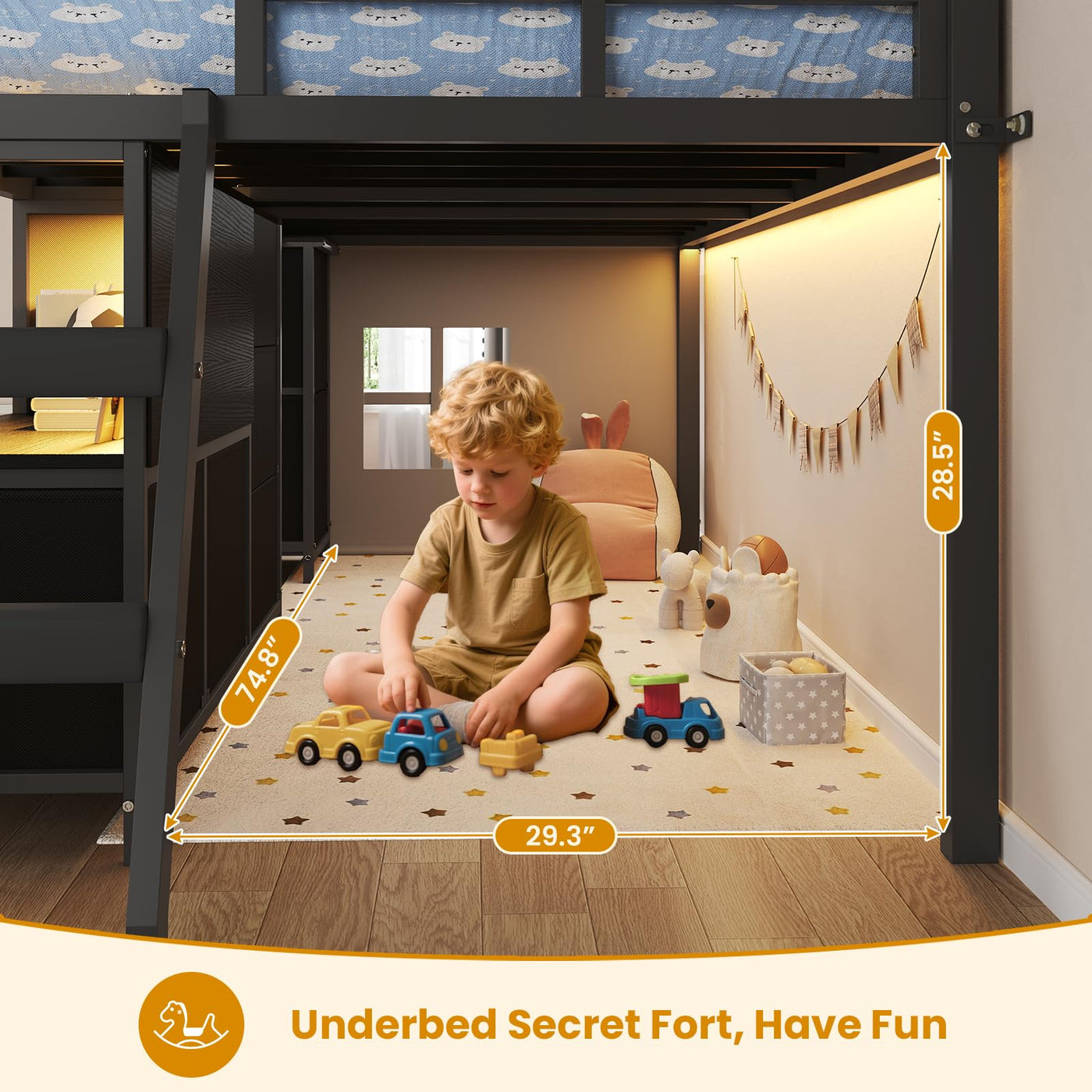 Twin Low Loft Bed with Storage & LED Lights