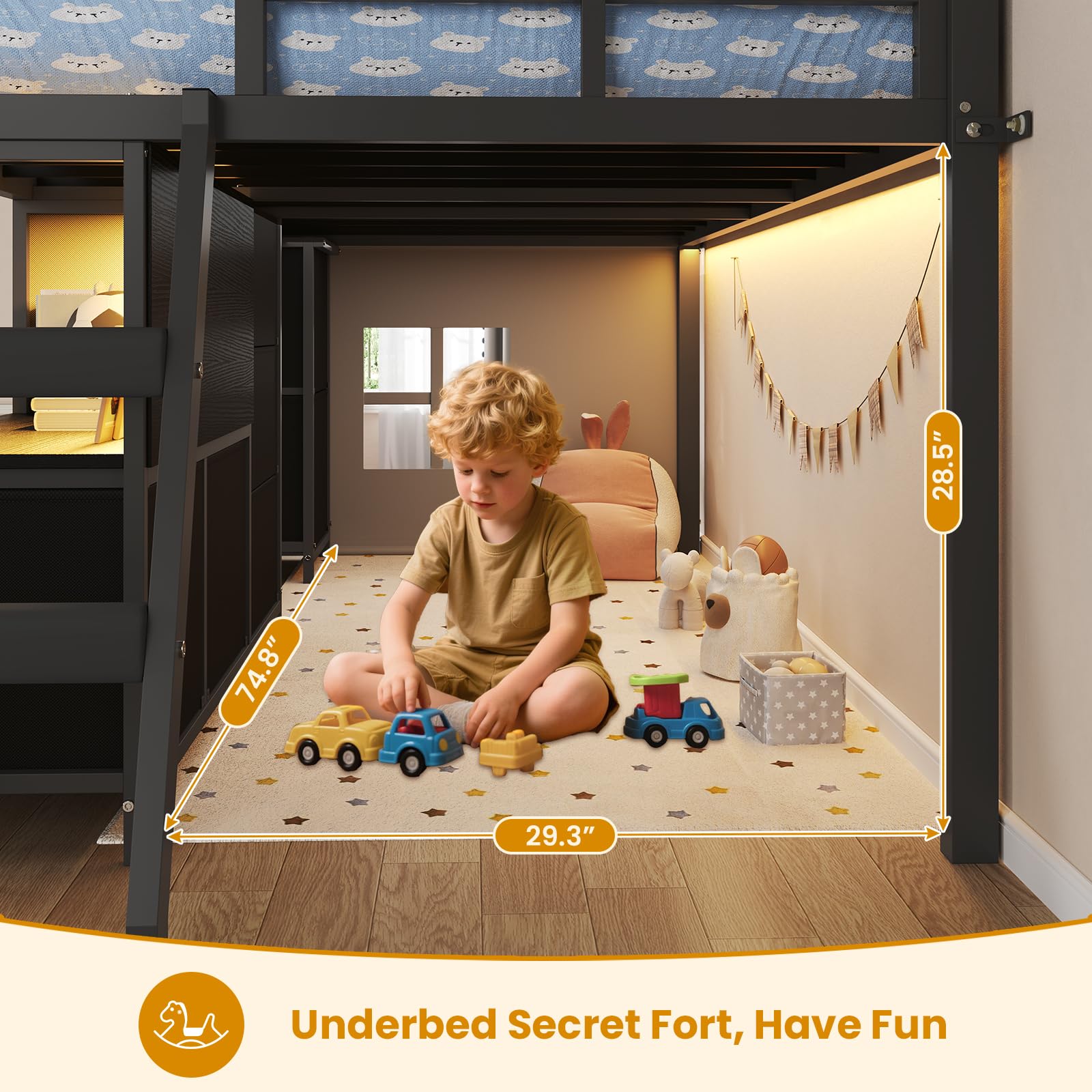 Twin Low Loft Bed with Storage & LED Lights