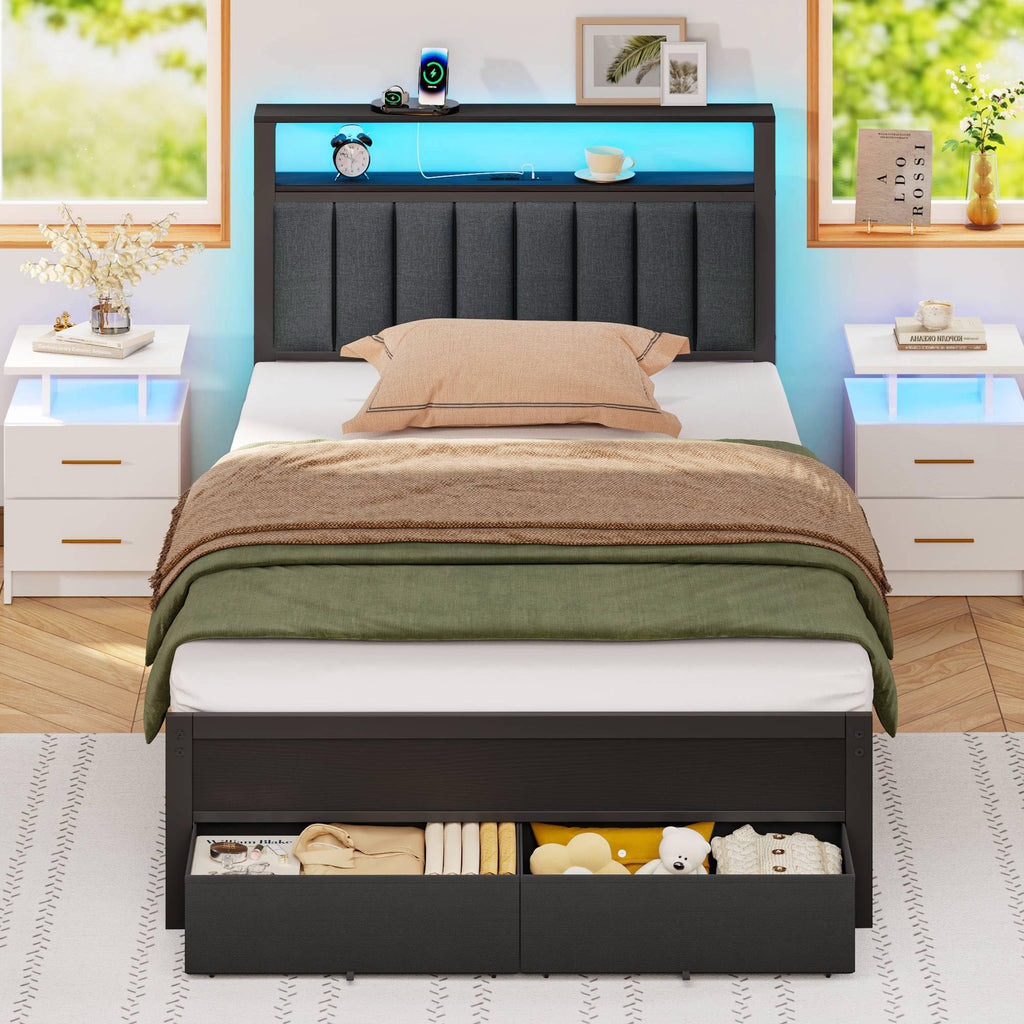 Twin Storage Bed with LED Lights & Charging Station