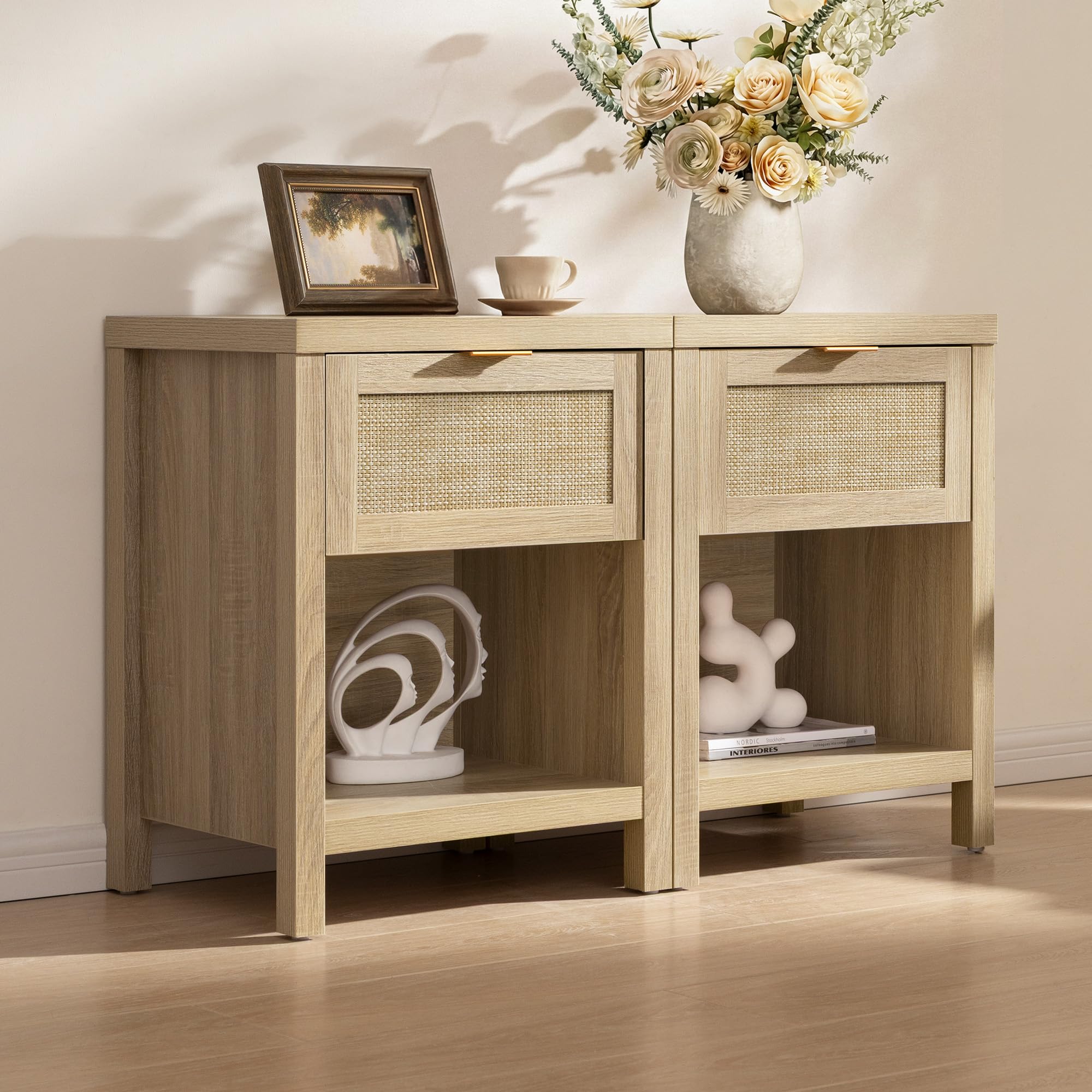 Rattan Nightstand Set - Light Oak