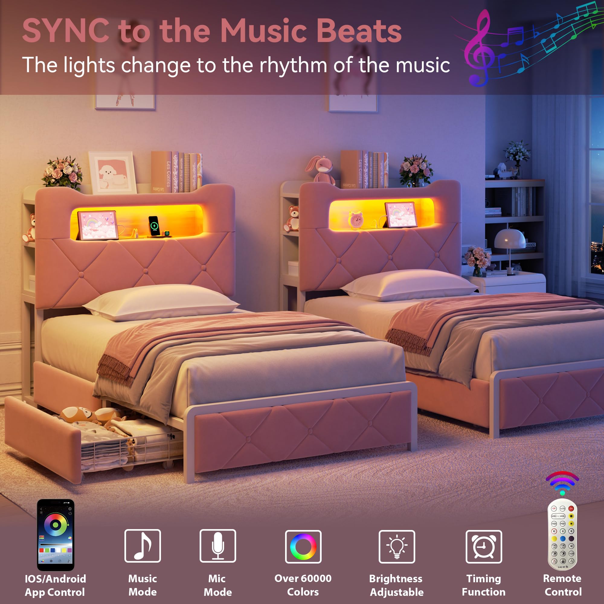 Twin Princess Storage Bed with LED Headboard - Pink