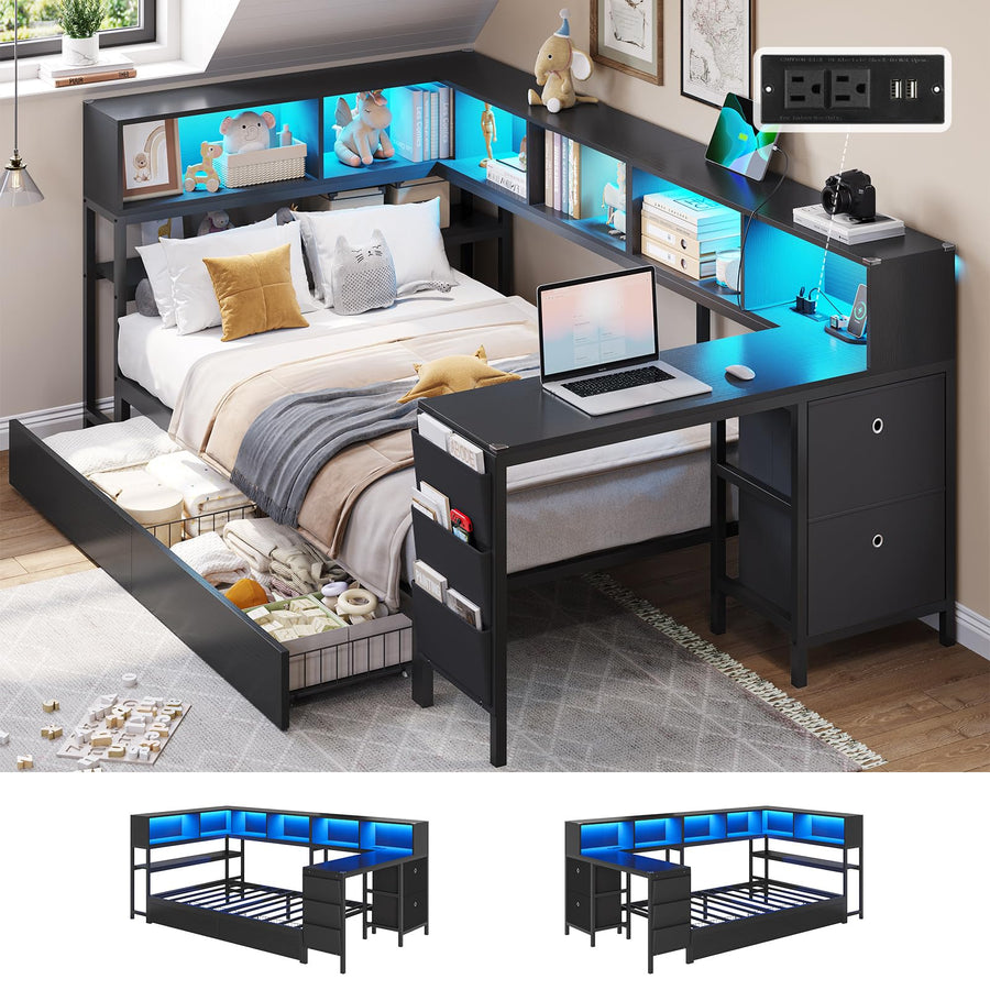 Twin Corner Bed with Desk & Storage - Black