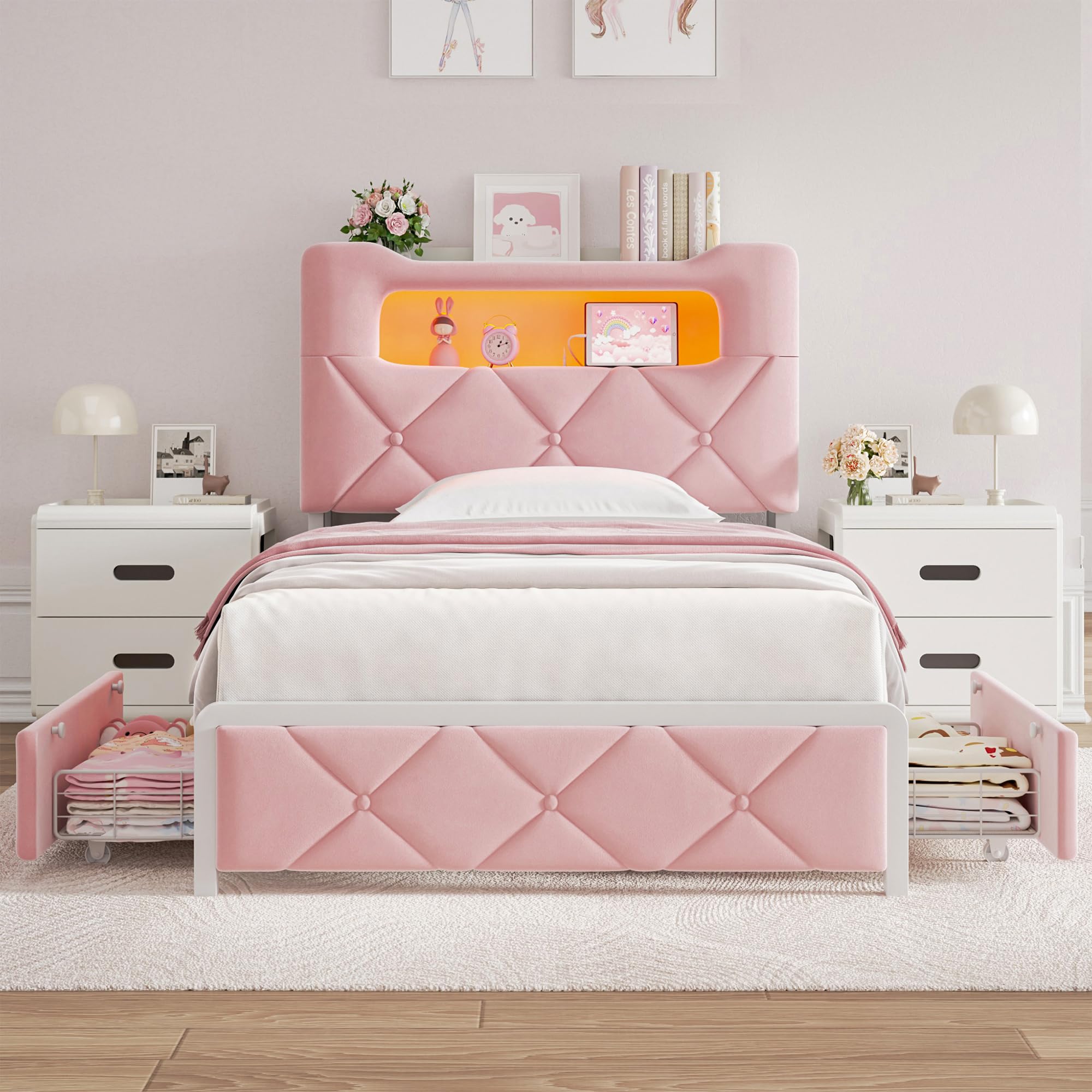 Twin Princess Storage Bed with LED Headboard - Pink