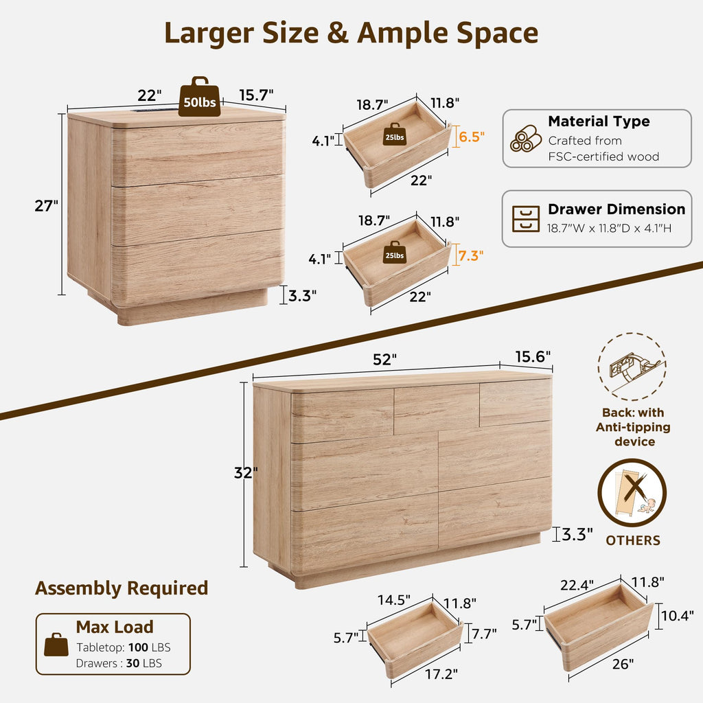 3-Piece Bedroom Furniture Set - Natural Oak