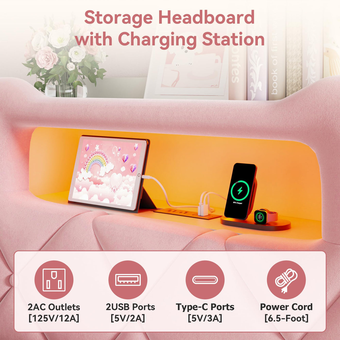 Twin Princess Storage Bed with LED Headboard - Pink