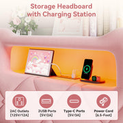 Twin Princess Storage Bed with LED Headboard - Pink