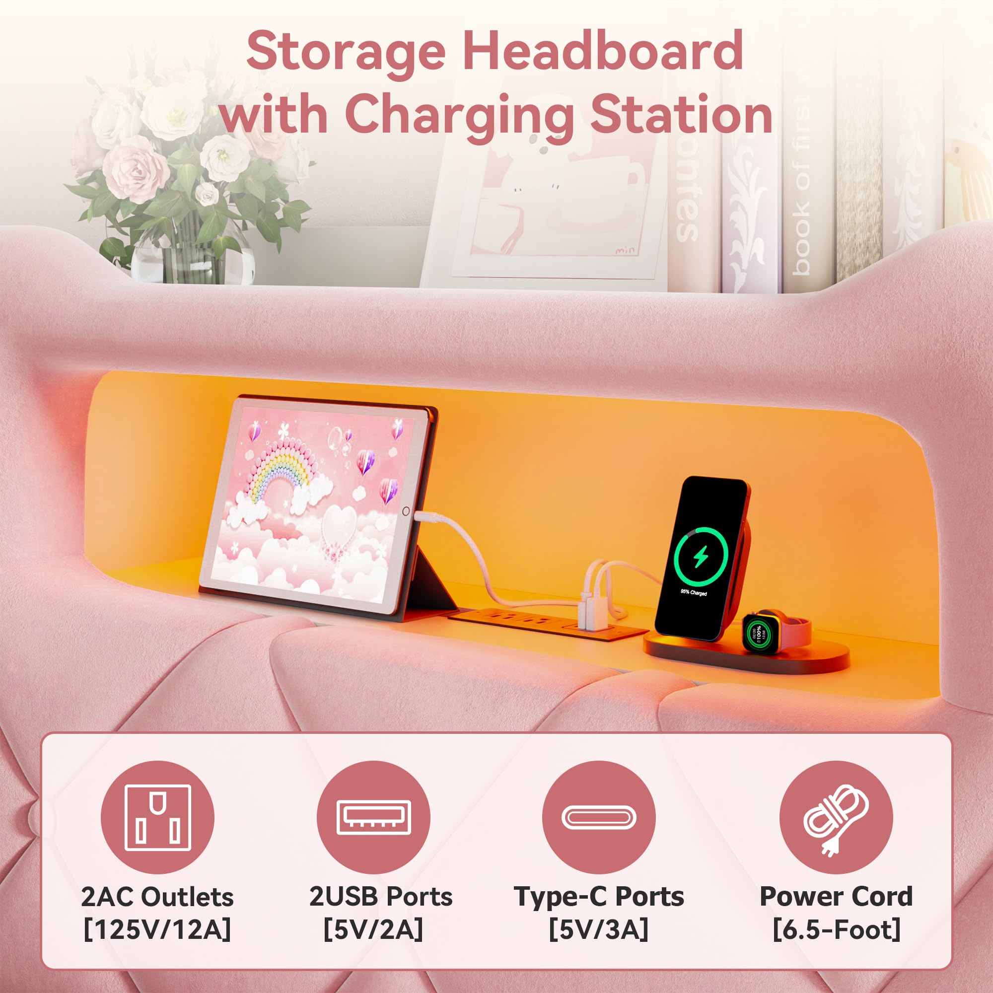Twin Princess Storage Bed with LED Headboard - Pink