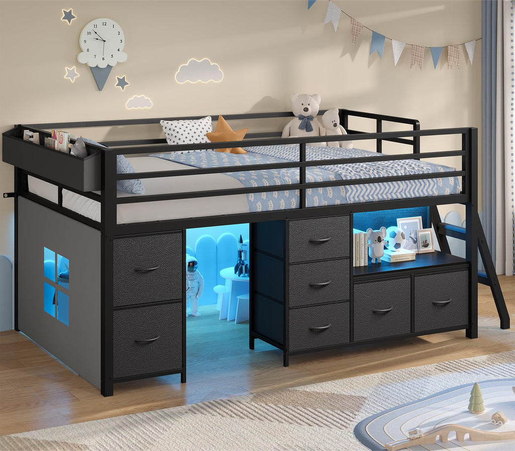 Twin Low Loft Bed with Storage & LED Lights