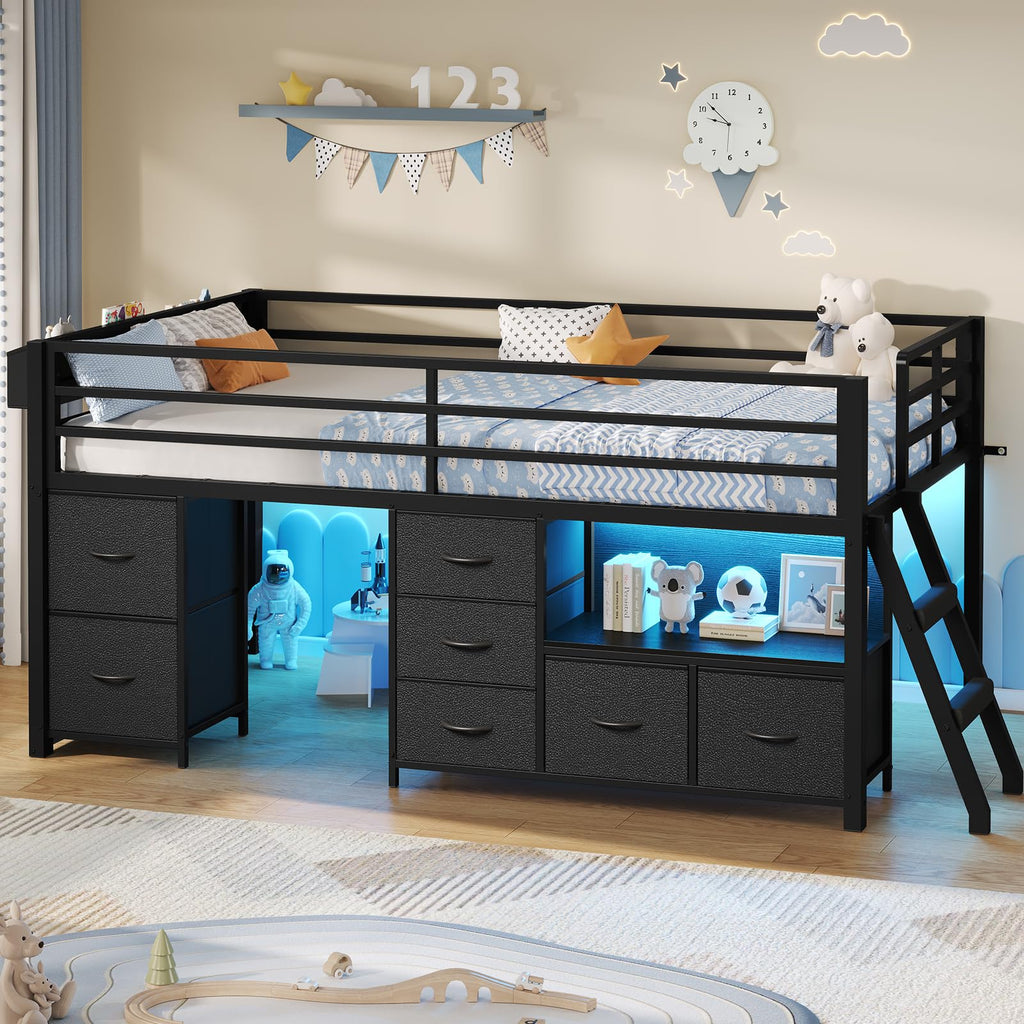 Twin Low Loft Bed with Storage & LED Lights