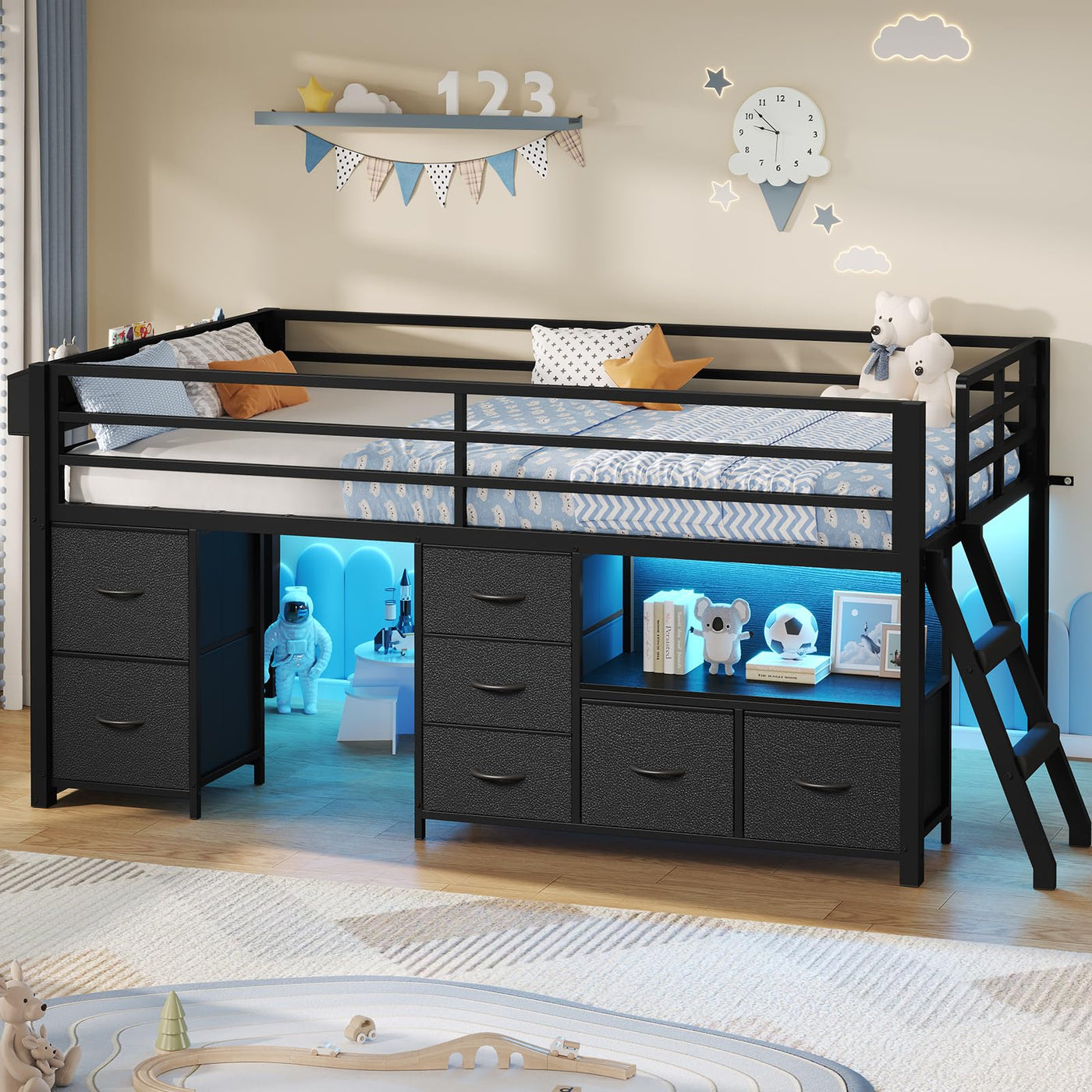 Twin Low Loft Bed with Storage & LED Lights