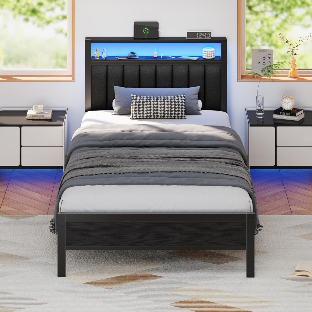 Twin Platform Bed with LED Lights & Charging Station