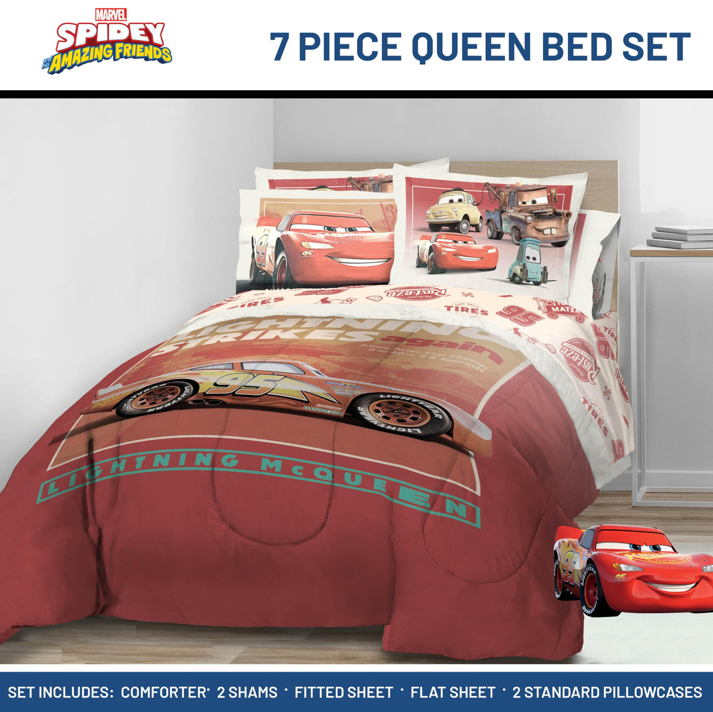 Queen Bedding Set - Cars Theme (7-Piece)