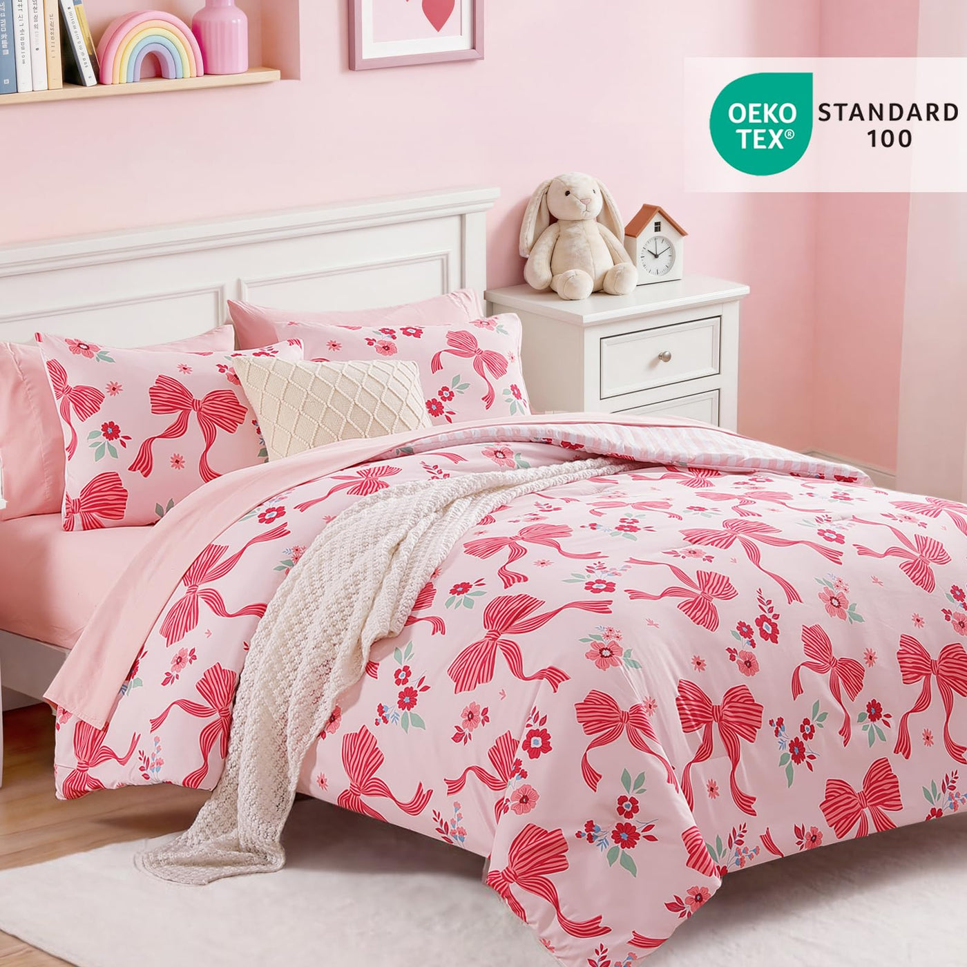 Twin XL Comforter Set - Pink Bow (5-Piece)