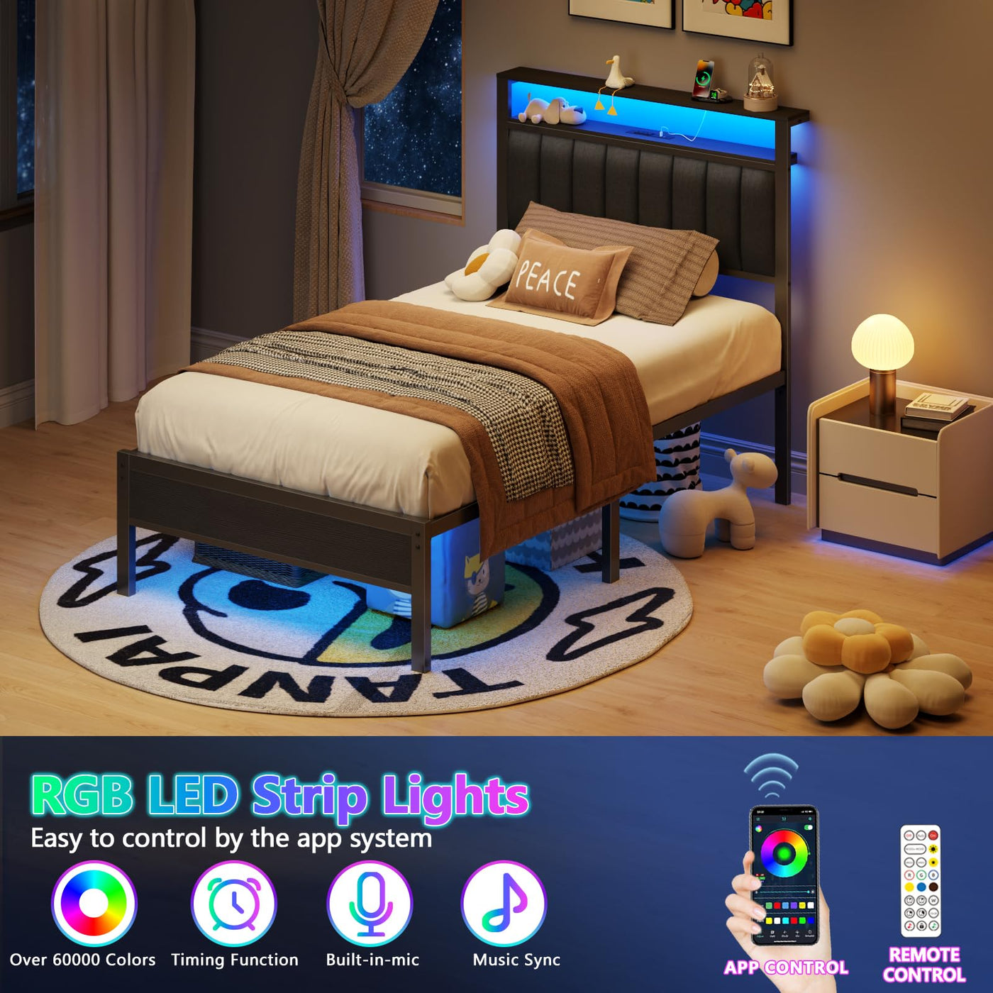 Twin Platform Bed with LED Lights & Charging Station