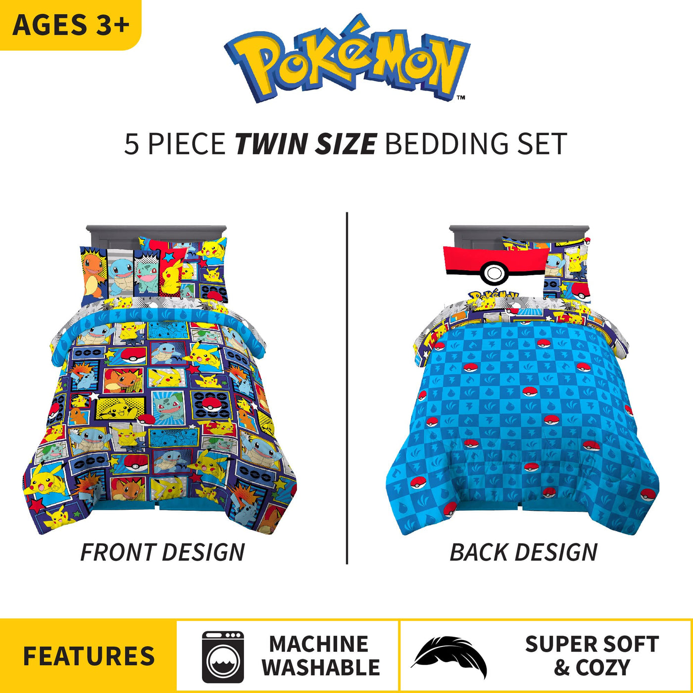 Kids Twin Comforter & Sheet Set - Pikachu Theme