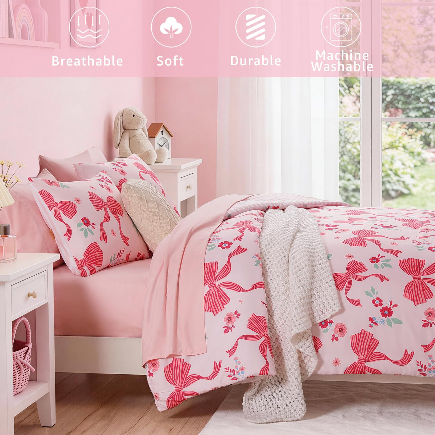 Twin XL Comforter Set - Pink Bow (5-Piece)