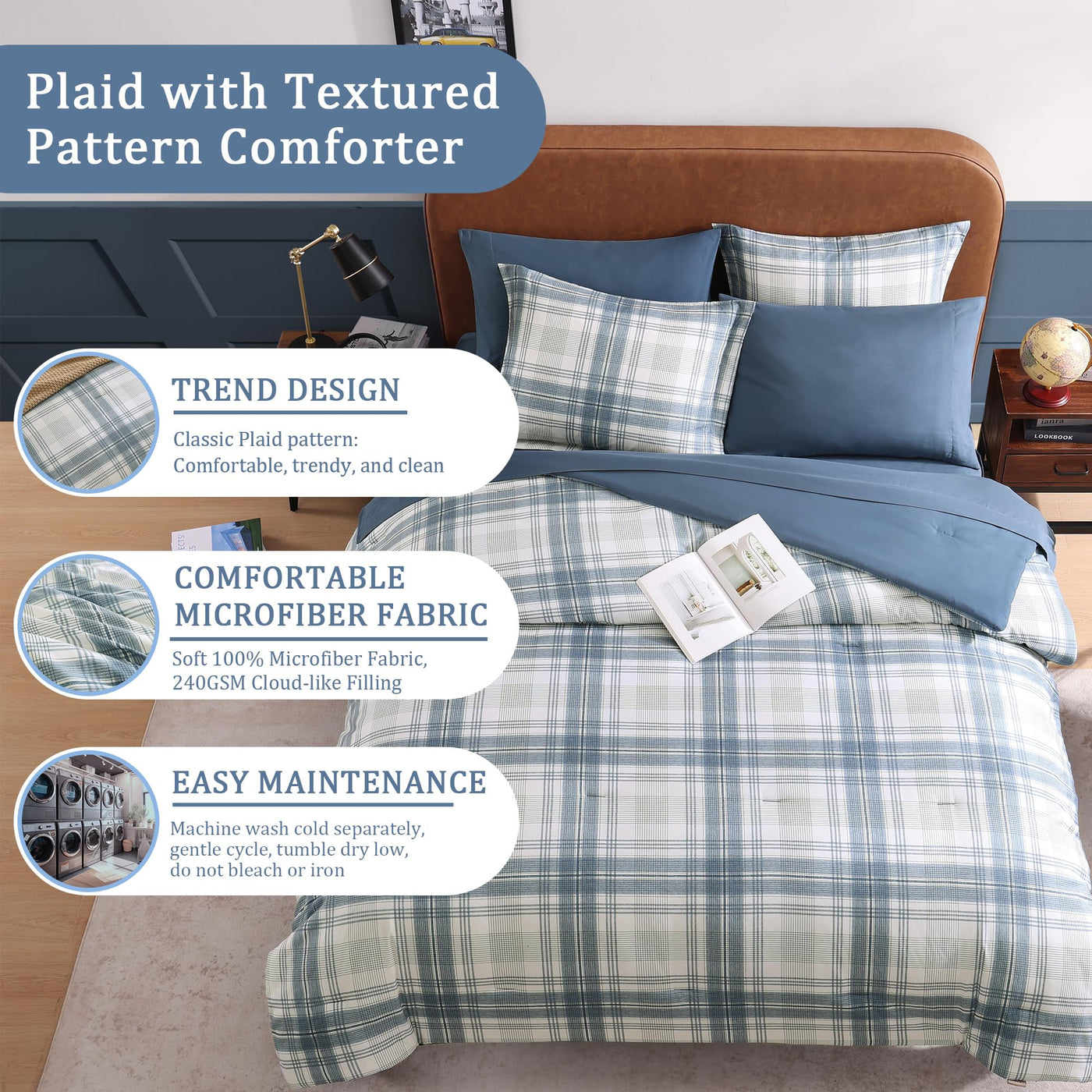 Full Comforter Set - Blue Grey Plaid (7-Piece)