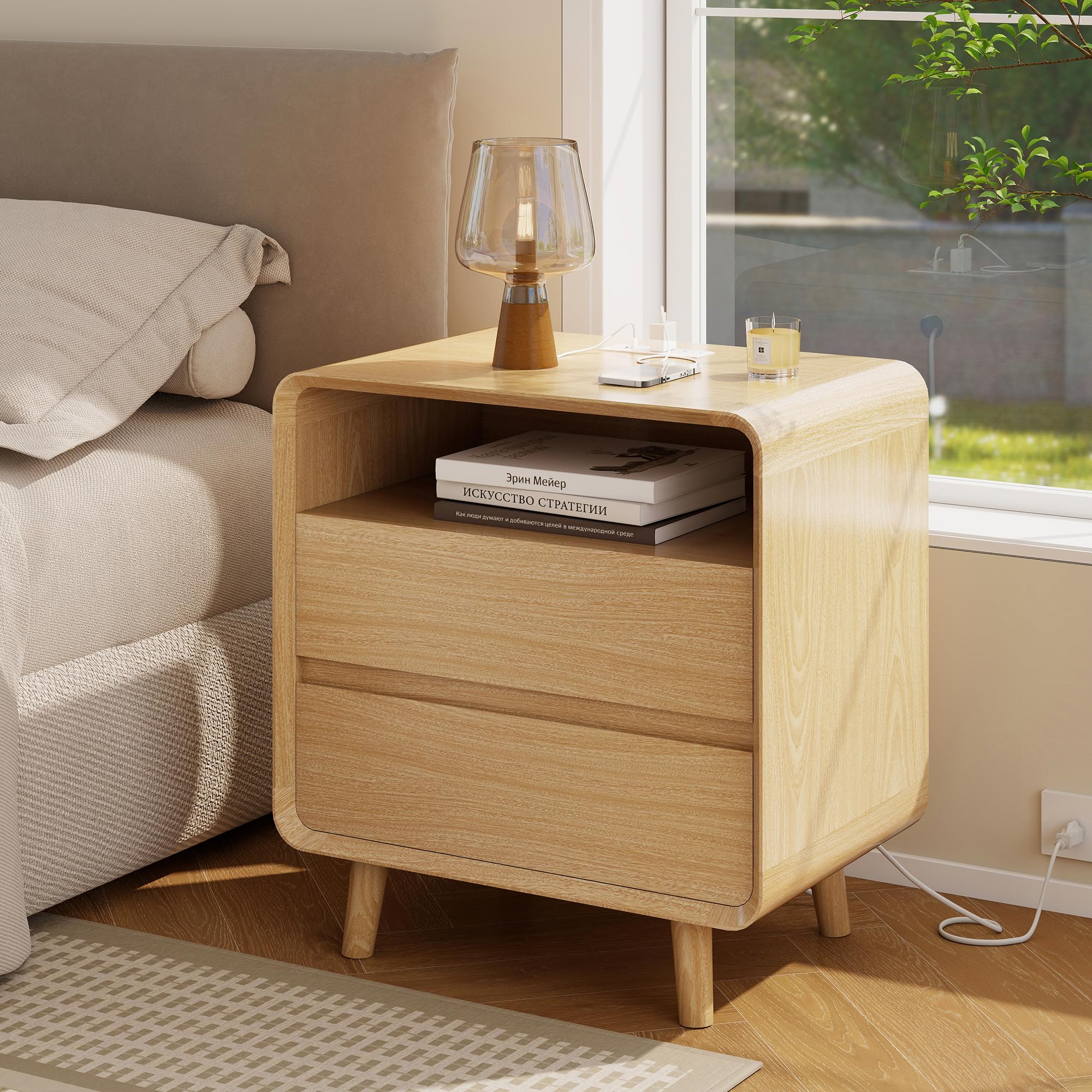 Nightstand with Charging Station - Oak